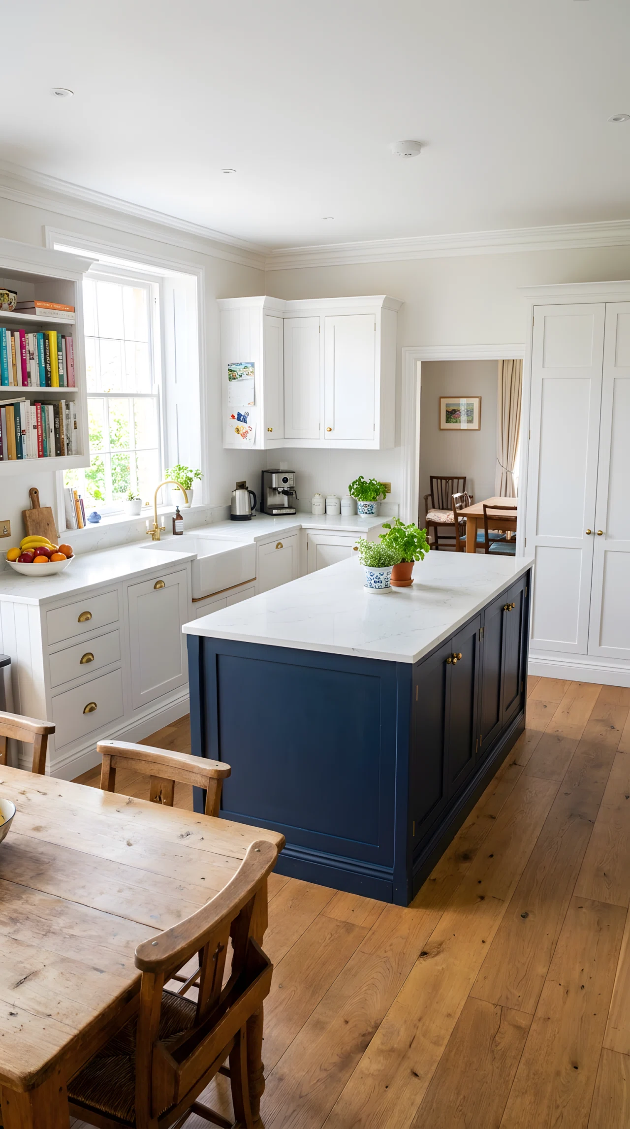 Wide-angle photograph of a kitchen with white perimeter cabinets and a deep navy island (RGB 29,53,87), brushed brass hardware, white marble-look countertop continuous across both, full room visible including surrounding cabinetry for contrast, bright natural window light, vibrant photographic color, everyday realistic styling.