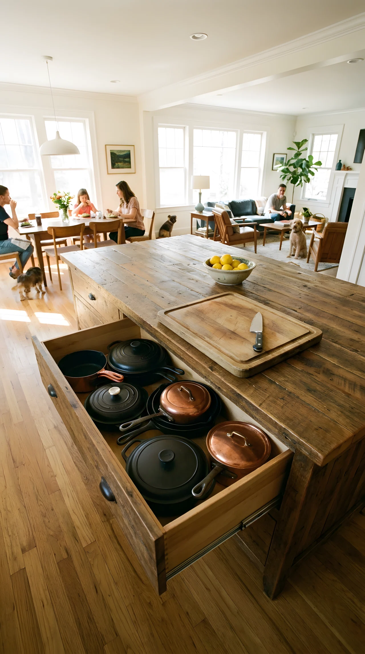 Wide-angle photograph of a kitchen island with one deep drawer pulled halfway open showing neatly arranged pots and pans, clear uncluttered countertop above with only a cutting board and bowl of lemons, full room visible for scale, bright natural daylight, vibrant realistic tones, candid everyday moment.
