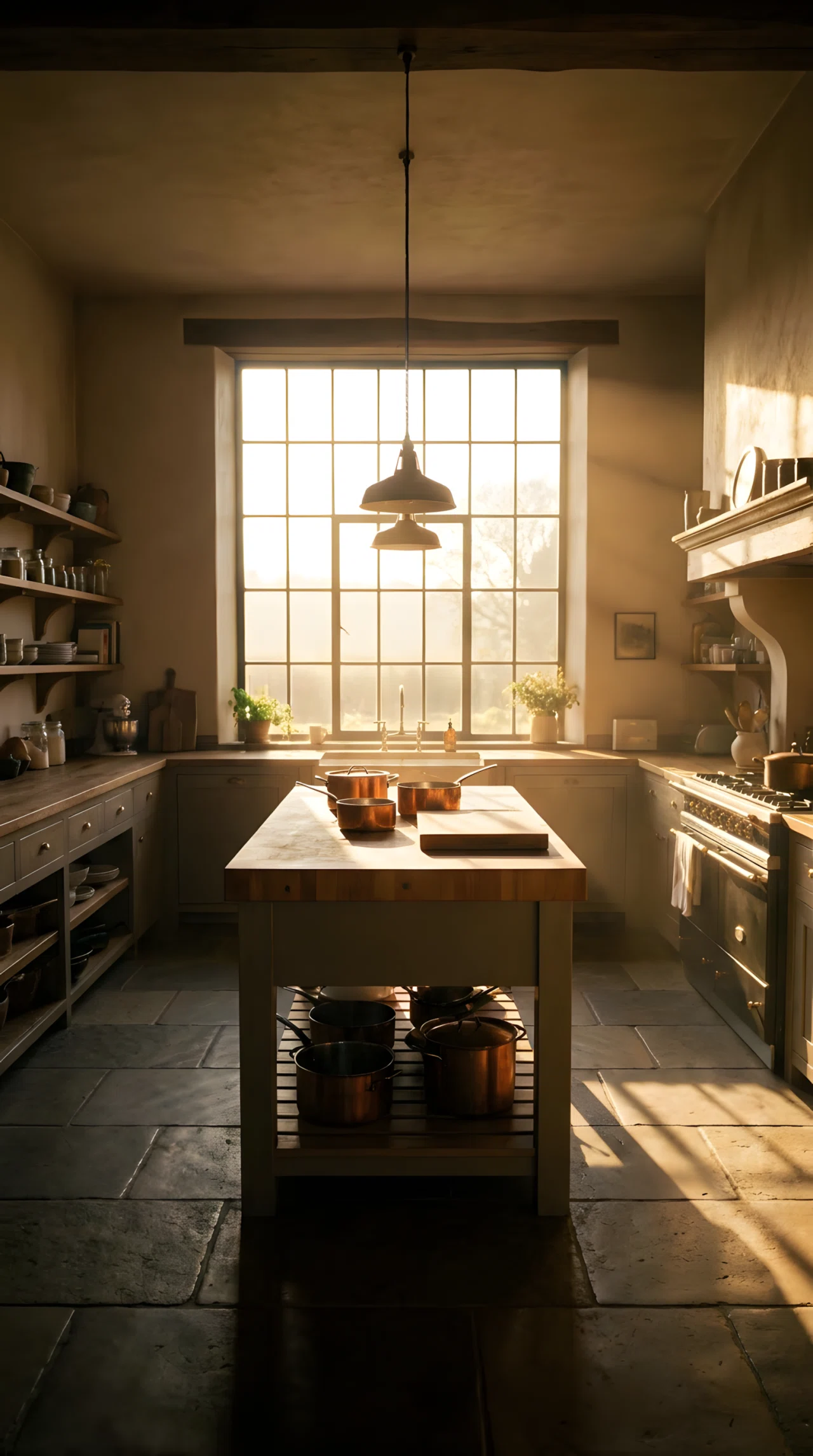 Wide-angle photograph of a kitchen with a large window positioned directly behind the island rather than over the sink, golden morning light streaming through and spilling across the island countertop at a low angle, rest of the kitchen slightly dimmer by comparison, full room in frame, vibrant warm light, photographic realism.