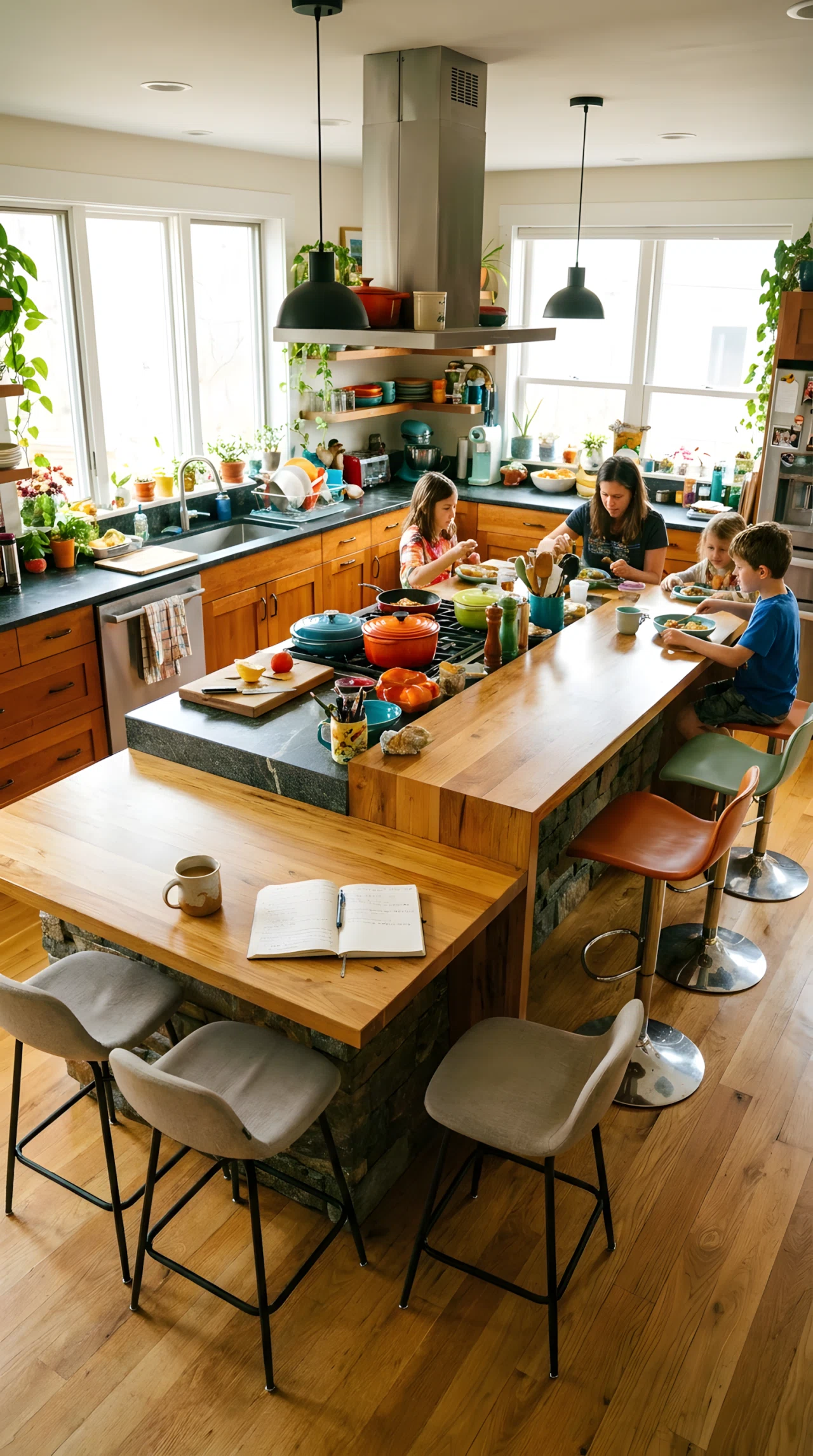 Wide-angle photograph of a kitchen island with two distinct seating heights, lower counter-height stools on one end and taller bar stools on the other, a mug and open notebook at the lower section, full room visible showing the whole island shape, bright natural daylight, vibrant everyday lifestyle tones, realistic candid scene.