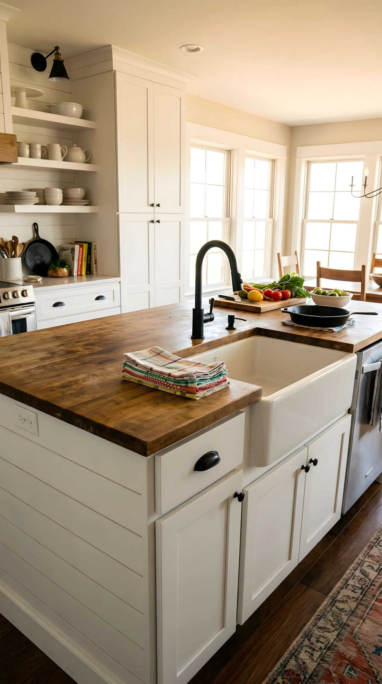 Wide-angle photograph of a modern farmhouse kitchen island with white shiplap paneling on the base, a deep apron-front farmhouse sink, matte black faucet, worn wood butcher block countertop, full room visible including surrounding shaker cabinetry, bright natural daylight, vibrant warm tones, realistic everyday styling with a stack of folded dish towels beside the sink.
