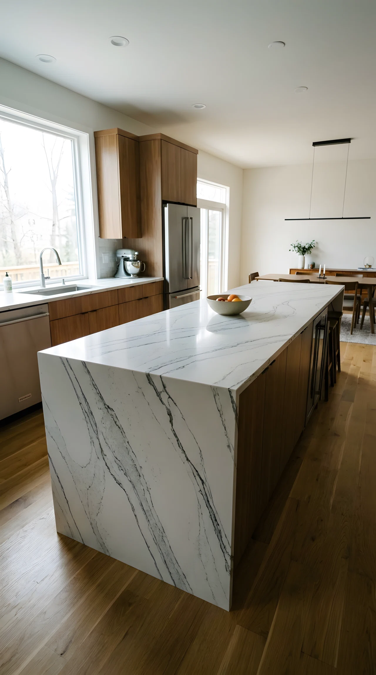 Wide-angle photograph of a kitchen island with a waterfall-edge quartz countertop, dramatic charcoal veining (RGB 60,60,60) flowing continuously from the top surface down the side panel to the floor, full room visible for scale, soft natural daylight from a nearby window, vibrant photographic tones, clean realistic everyday setting with a single fruit bowl on top.
