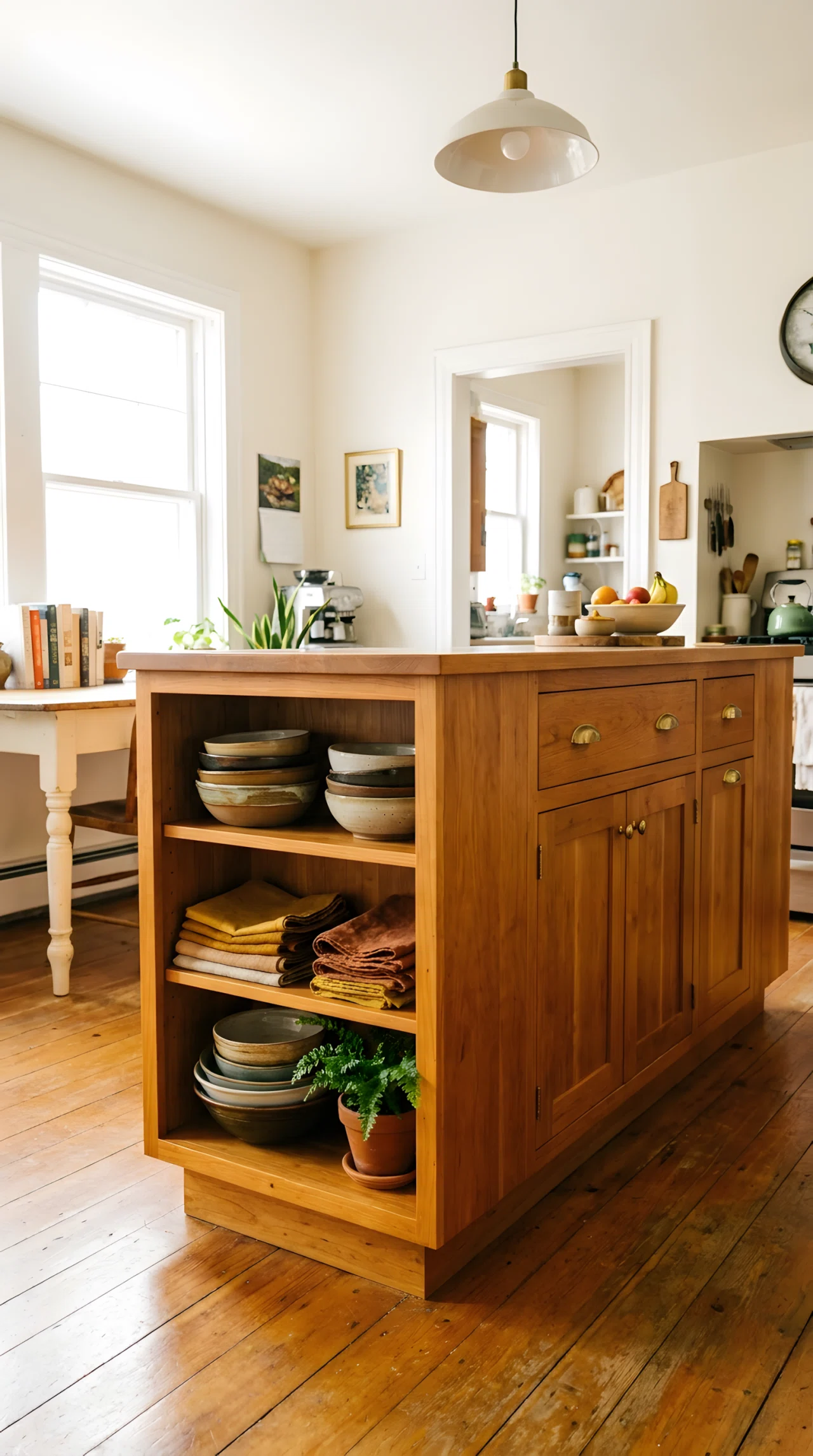 Wide-angle photograph of a kitchen island with one open shelving end holding a few ceramic bowls, folded linen napkins, and a small potted plant, rest of the island in matching wood cabinetry, full room in frame, bright natural window light, vibrant warm realistic tones, candid lived-in styling.