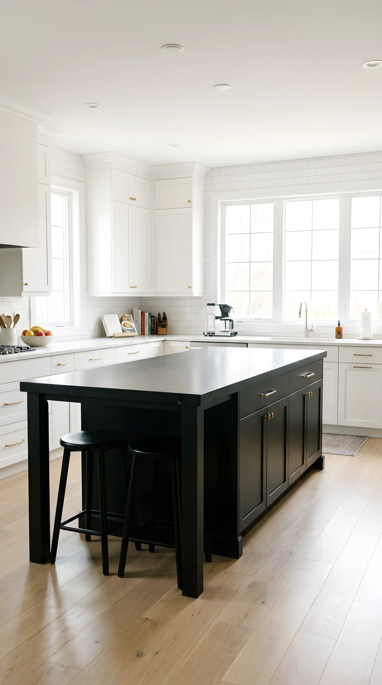 Wide-angle photograph of a bright white kitchen with a single matte black island (RGB 26,26,26), brushed brass hardware, white oak flooring, full room visible showing the contrast between the black island and light surrounding cabinetry, soft natural daylight, vibrant realistic color, clean everyday styling with two stools tucked under the counter.