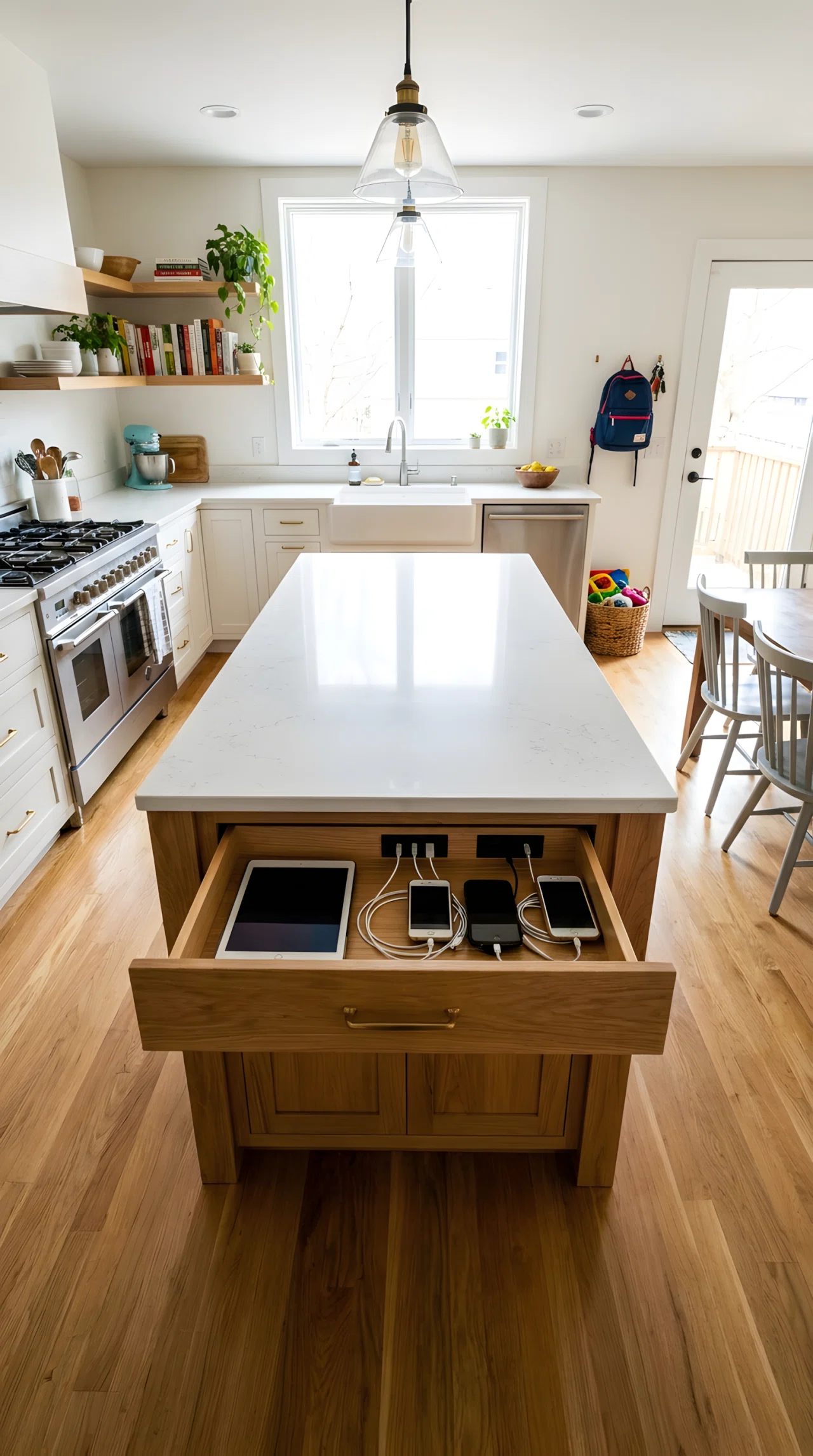 Wide-angle photograph of a kitchen island with a slightly open drawer revealing a built-in charging station with phones and a tablet neatly plugged in, clear countertop above showing no visible cords, full room visible for scale, bright natural daylight, vibrant realistic tones, practical everyday family moment.