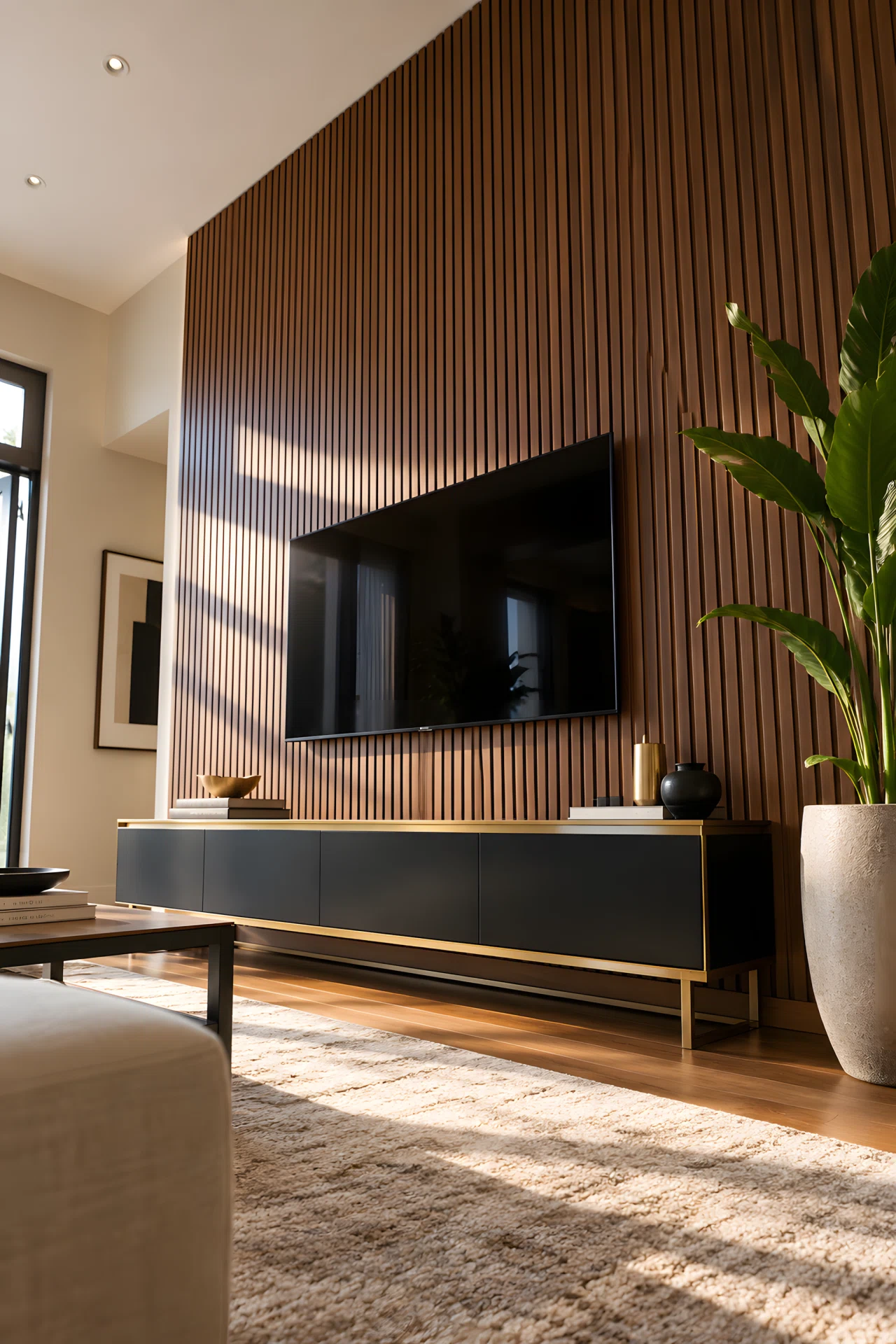 Wide-angle real-life photograph of a modern living room, vertical fluted wood panel TV wall in warm walnut (RGB 92,64,51) stretching floor to ceiling, slim black and matte gold TV console (black RGB 20,20,20, gold accent RGB 197,164,90) beneath a mounted flatscreen TV, dramatic low camera angle emphasizing the height and texture of the fluted panel, soft area rug and a single tall potted plant to the side, natural daylight from an unseen window raking across the grooves to create shadow lines, no people in the frame, shot in the style of a high-end interior design magazine, vibrant and true-to-life colors, stock photography realism, not a 3D render.