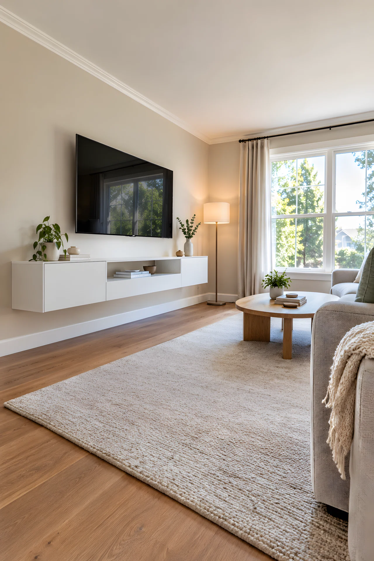 Wide-angle real-life photograph of a small modern living room, a slim white floating media console mounted on the wall beneath a flatscreen TV, visible floor space and baseboard underneath the console, two closed cabinet doors on either end for hidden storage, a low camera angle from the corner of the room capturing the full wall and adjacent window, soft neutral rug, a slim floor lamp beside the console, bright natural daylight entering from the side, no people in the frame, vibrant true-to-life colors, realistic stock photography style, not a 3D render, dramatic wide framing that shows the whole room's proportions.