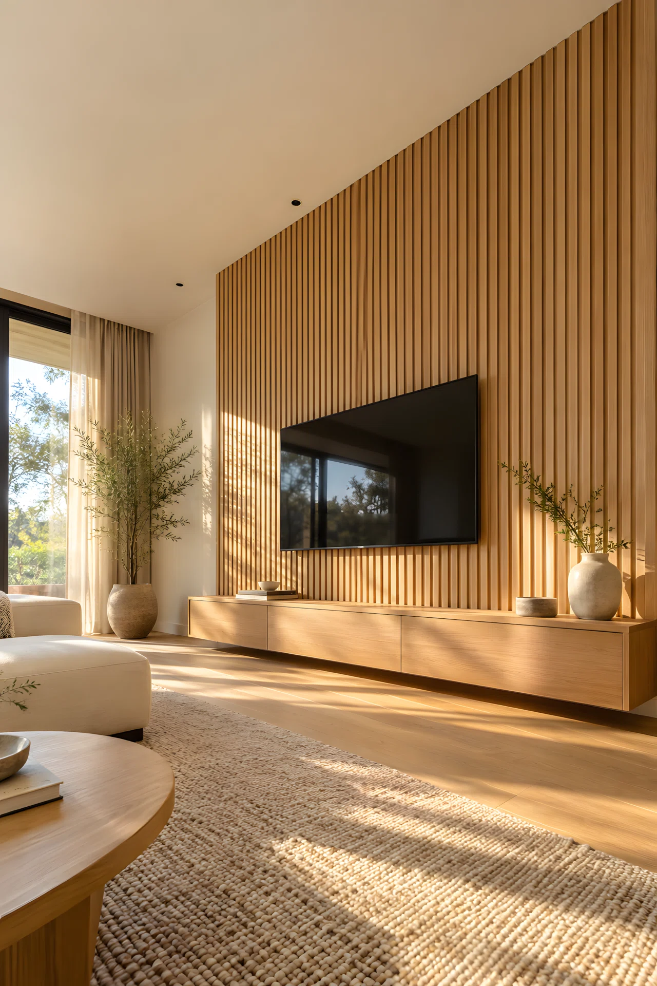 Wide-angle real-life photograph of a living room with a floor-to-ceiling vertical wood slat TV wall in light oak (RGB 205,170,125), even spacing between slats, a flatscreen TV mounted flush in the center, a low wooden media bench beneath it, dramatic wide camera angle from a low corner position showing the full height of the slats up to the ceiling, minimalist Japandi styling with a linen sofa and a single ceramic vase, warm afternoon sunlight raking across the slats from a side window to cast soft shadow lines, no people in the frame, vibrant true-to-life color rendering, realistic stock photography, not a 3D render.