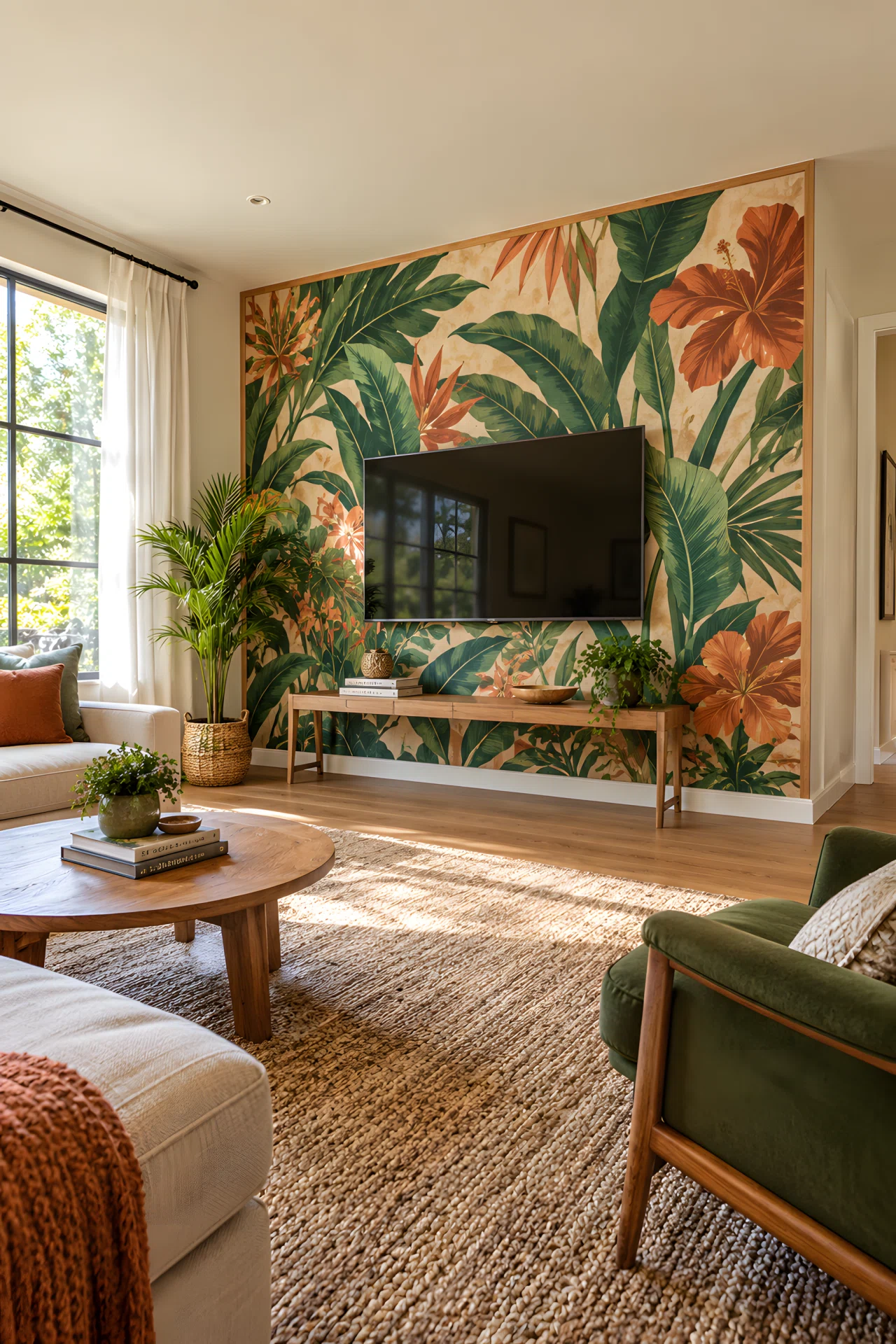 Wide-angle real-life photograph of a living room with a bold botanical mural wallpaper section behind a mounted flatscreen TV, thin light wood trim framing the wallpaper like a piece of art, a slim console table below holding a stack of books and a small plant, dramatic wide camera angle from across the room capturing the full wall and surrounding furniture, vibrant green and terracotta tones in the mural (RGB 58,102,65 and RGB 178,98,66), bright natural daylight from a nearby window, no people in the frame, realistic stock photography style, not a 3D render or illustration, true-to-life vibrant color saturation.