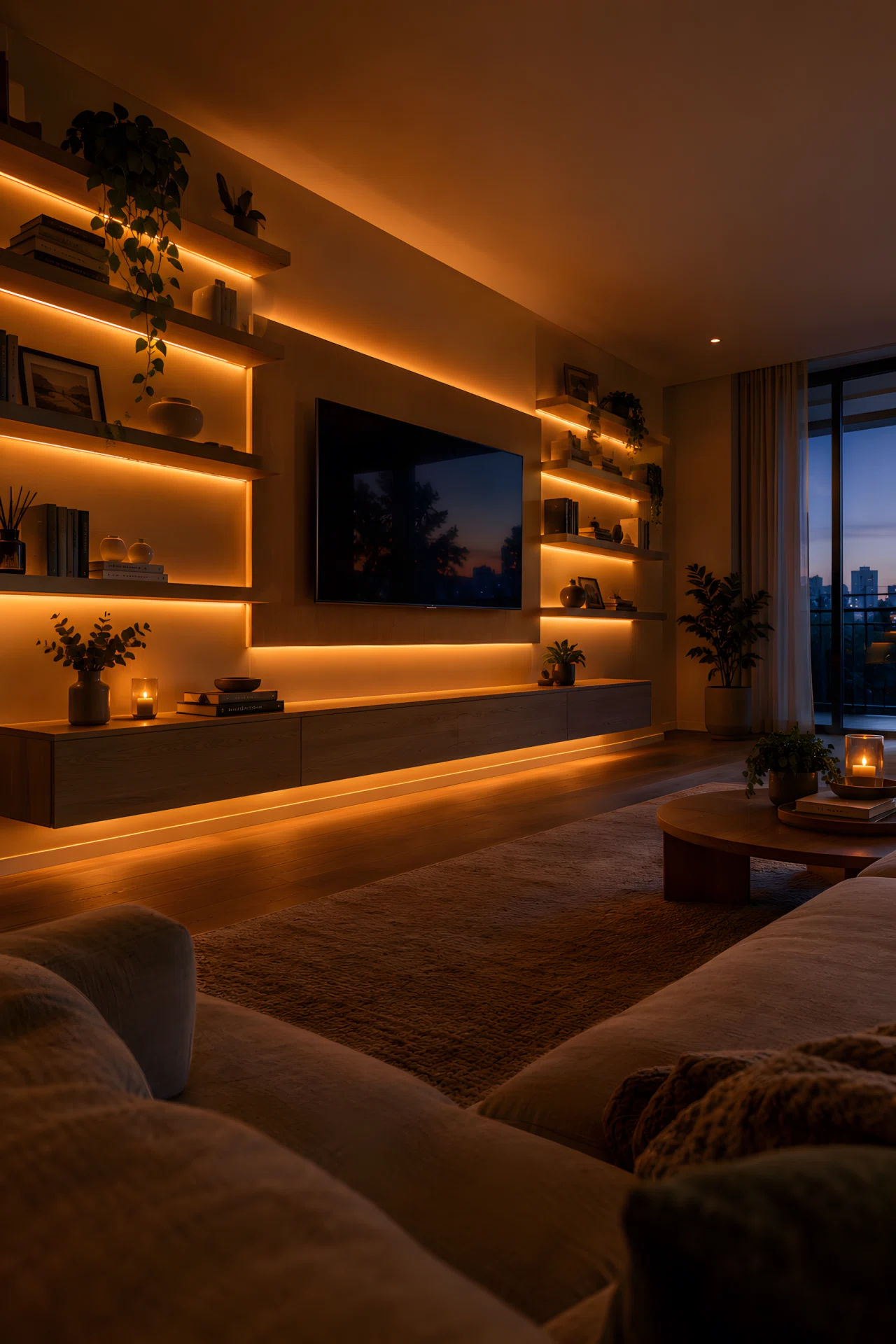 Wide-angle real-life photograph of a dimly lit living room at dusk, a media wall with an open shelving unit and mounted flatscreen TV, warm-toned LED strip lighting (color temperature around 2700K, warm amber glow RGB 255,183,76) tucked along the underside of each floating shelf and behind the main panel rather than around the TV screen, creating soft horizontal glow lines across the wall, dramatic low wide camera angle capturing the full glow pattern across the room, a low sofa silhouette in the foreground, no people in the frame, vibrant yet cozy color rendering, realistic stock photography style, not a 3D render, night-time ambience with a hint of blue dusk light through a window in the background.