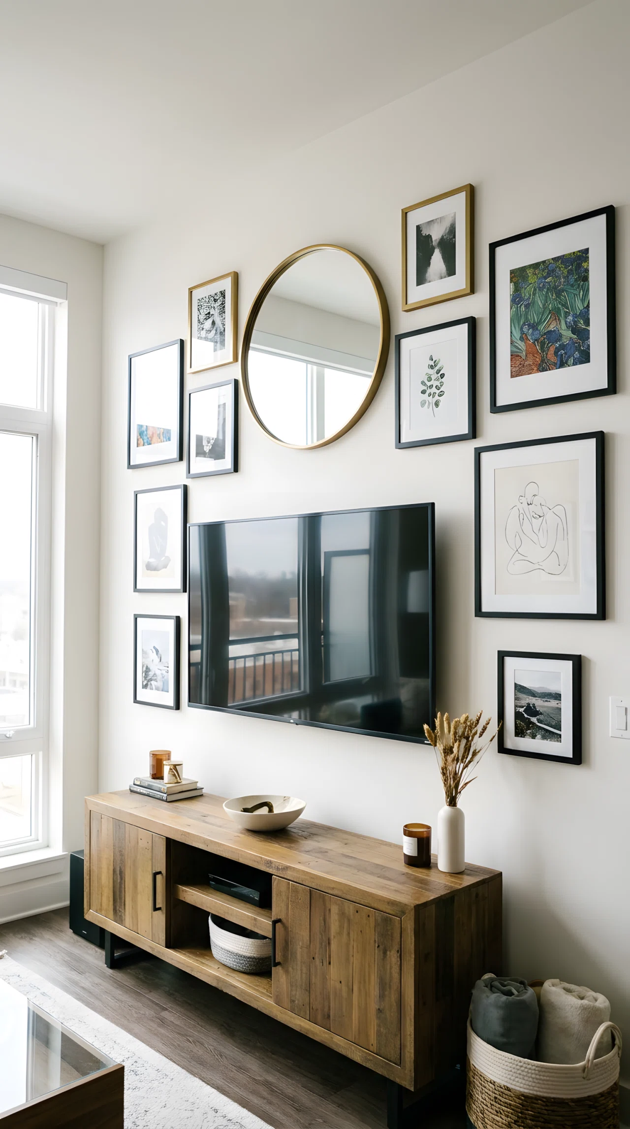 Wide-angle real-life photograph of a living room wall where a flatscreen TV is mounted flush among a curated gallery arrangement of framed art prints and a round mirror, frames mixing brushed brass (RGB 181,150,90) and matte black (RGB 30,30,30) finishes in varied sizes, slightly more open space directly surrounding the TV so it blends into the layout, dramatic wide camera angle capturing the entire gallery wall and a console table below, bright natural light from a nearby window, no people in the frame, vibrant true-to-life colors, realistic stock photography style, not a 3D render.