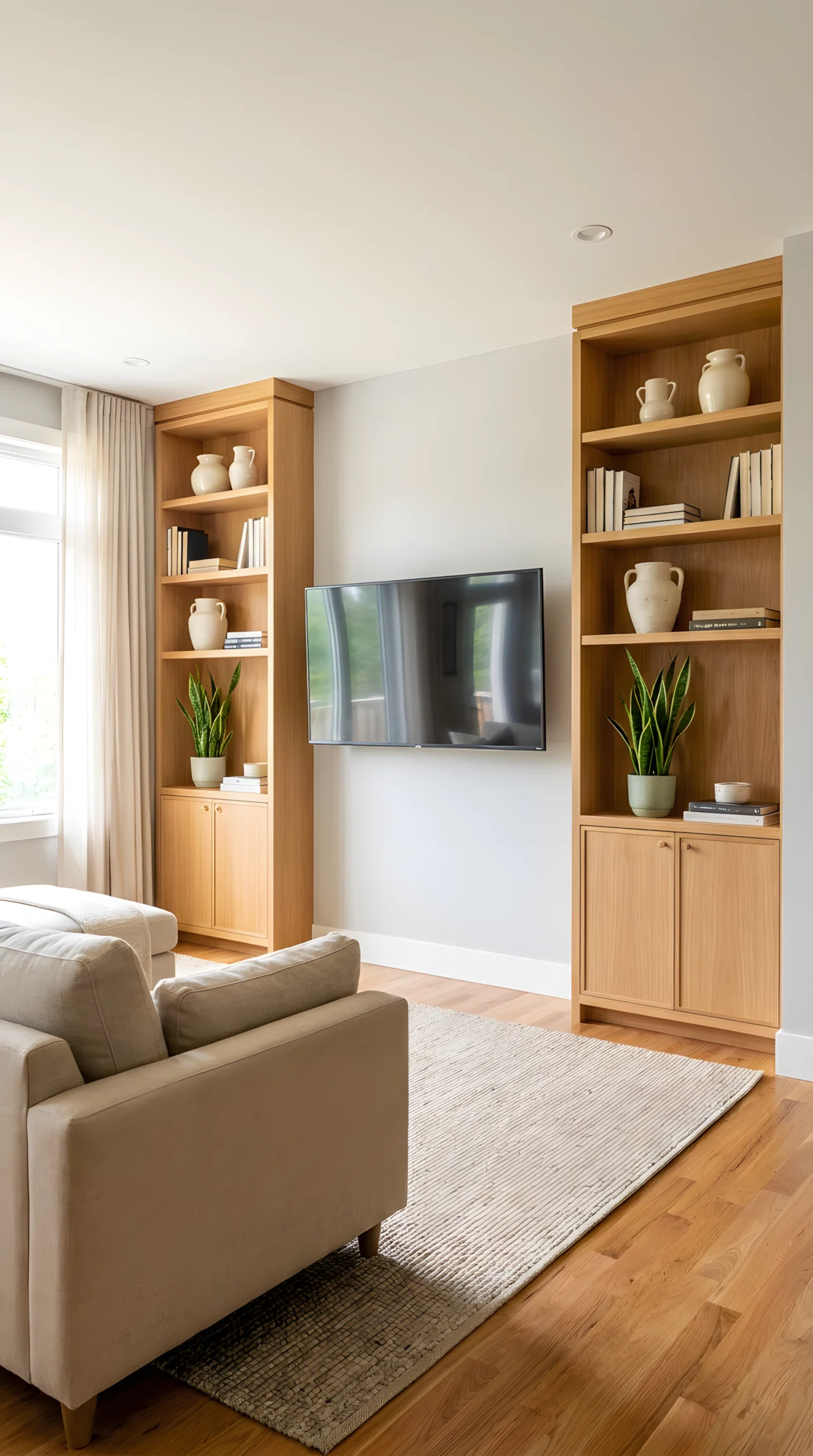 Wide-angle real-life photograph of a living room with matching built-in shelving units flanking a mounted flatscreen TV that sits slightly off-center on the wall, both shelves styled identically with the same number of books, ceramics, and one matching plant on each side to create visual balance, dramatic wide camera angle capturing the full symmetrical composition and the adjacent window, soft neutral rug and low sofa in the foreground, bright natural daylight, no people in the frame, vibrant true-to-life color rendering, realistic stock photography, not a 3D render.