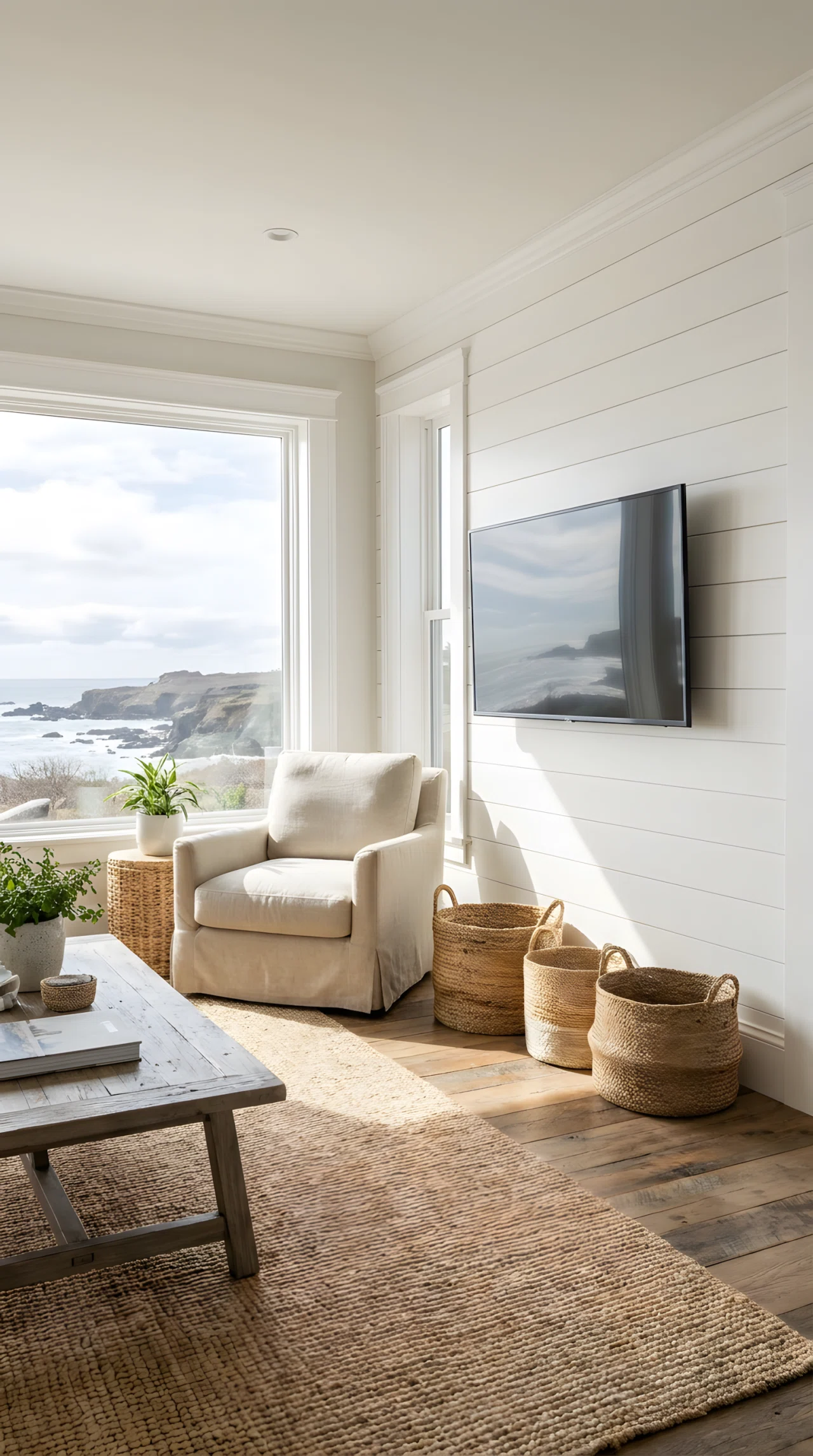 Wide-angle real-life photograph of a coastal-style living room, white shiplap TV wall (RGB 245,242,235) positioned at a right angle to a large window rather than directly facing it, flatscreen TV mounted on the shiplap wall, woven jute baskets and a linen-covered armchair nearby, dramatic wide camera angle capturing both the TV wall and the sunlit window view together, bright natural daylight flooding in from the side, no people in the frame, vibrant true-to-life color rendering, realistic stock photography style, not a 3D render.