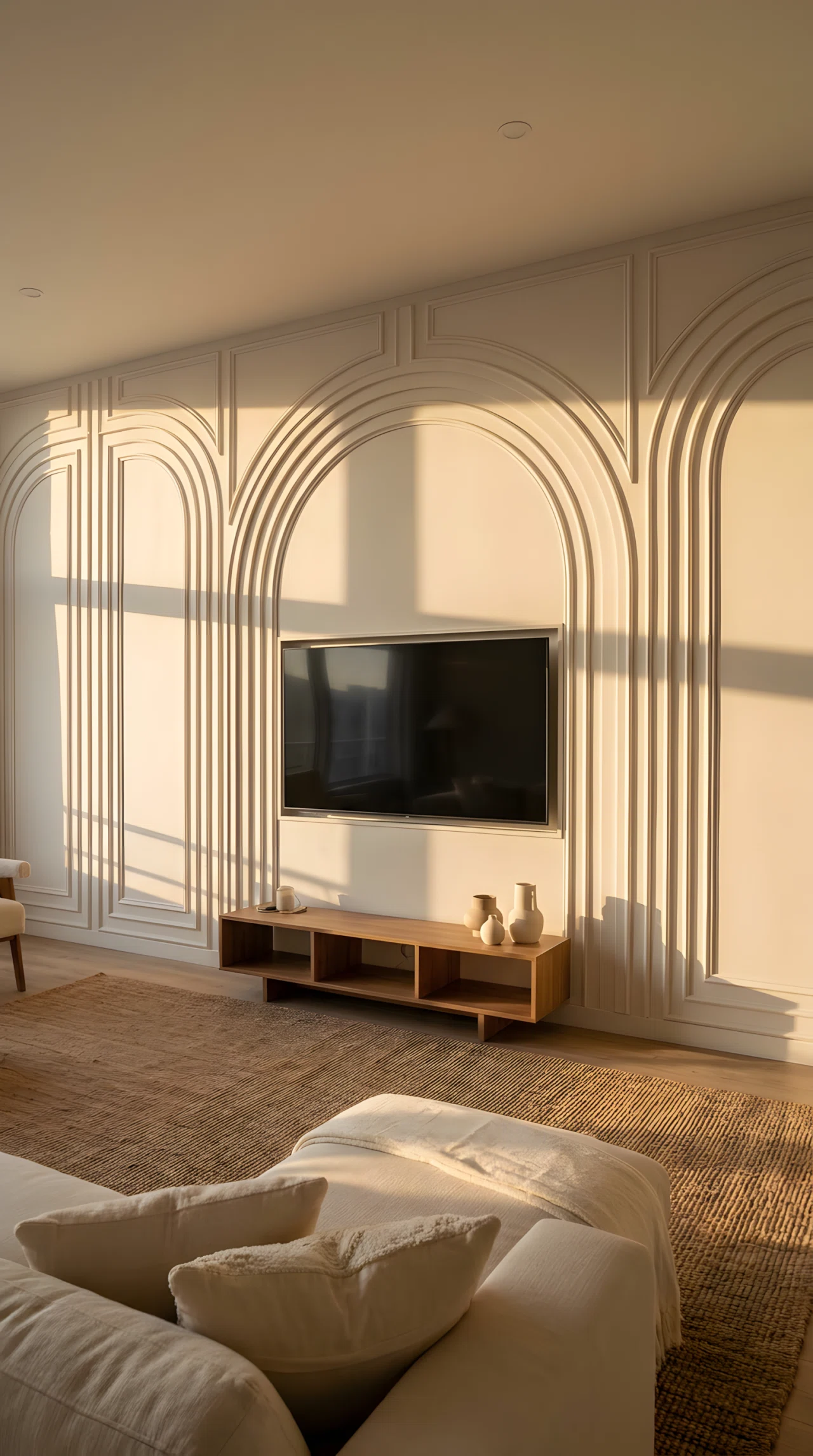 Wide-angle real-life photograph of a living room with a sculptural white gypsum molding TV wall featuring geometric arched panel details in the same off-white tone as the wall (RGB 240,237,230), a flatscreen TV mounted flush within the central molded panel, dramatic side lighting positioned low and angled across the wall to cast deep shadow lines within the molding grooves, minimal furniture below including a low console, wide camera angle capturing the full architectural detail floor to ceiling, no people in the frame, vibrant true-to-life color rendering emphasizing shadow contrast, realistic stock photography style, not a 3D render or illustration.