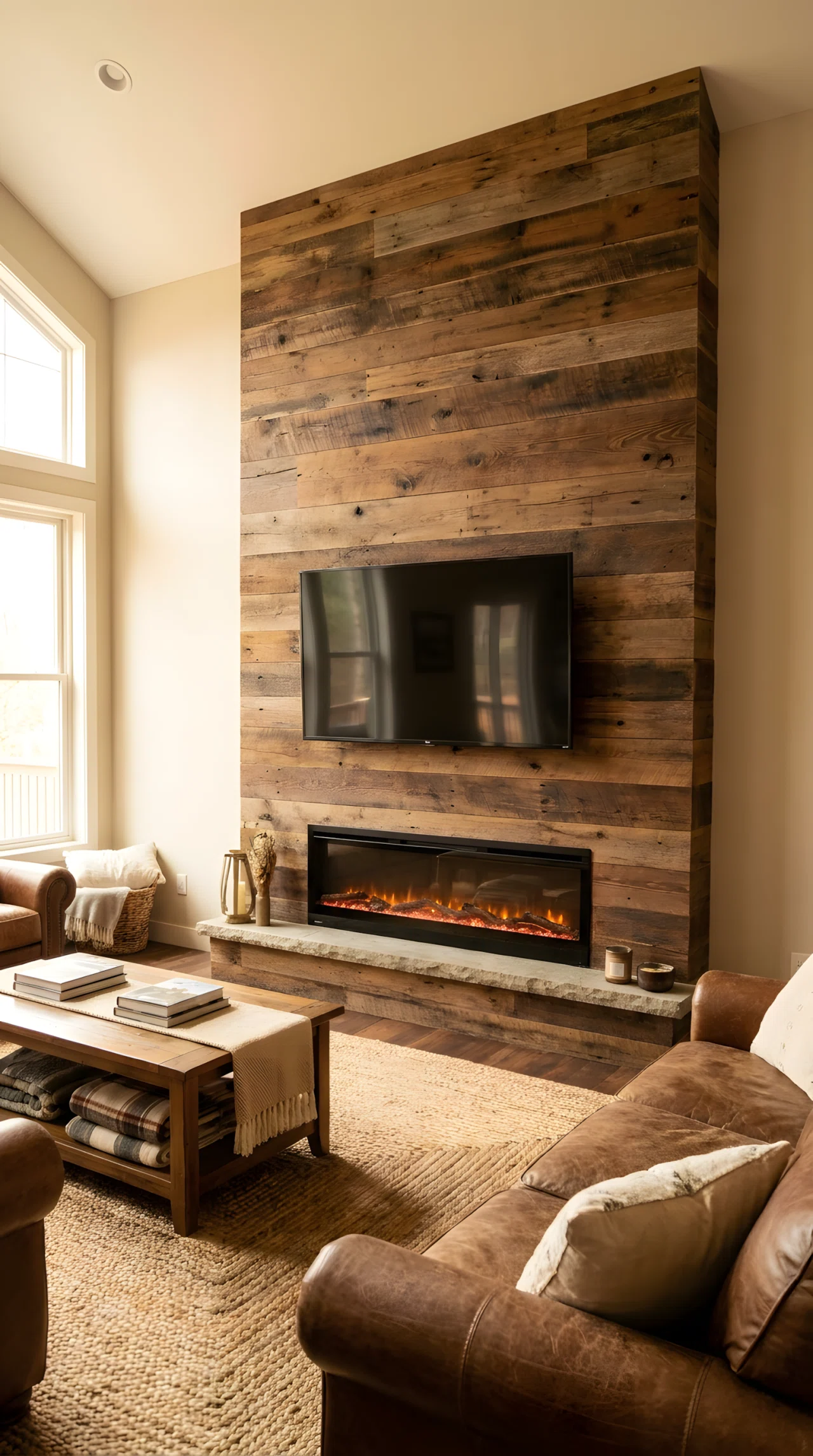 Wide-angle real-life photograph of a rustic living room, reclaimed wood beam TV wall with visible grain and knots in varied brown tones (RGB 90,62,40 to RGB 120,88,58), a low electric fireplace insert built into the wall directly beneath a mounted flatscreen TV, dramatic wide camera angle capturing the full wall from floor to ceiling with a stone hearth ledge below the fireplace, soft ambient light glowing from the fireplace itself plus warm natural daylight from a side window, no people in the frame, vibrant true-to-life color rendering, realistic stock photography style, not a 3D render.