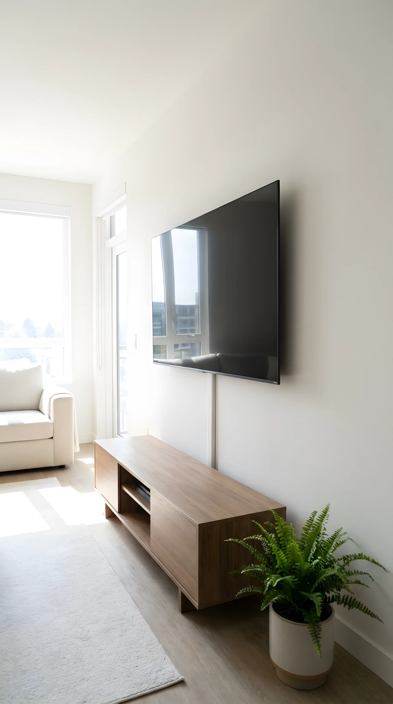 Wide-angle real-life photograph of a clean modern living room, a mounted flatscreen TV with a slim paintable cord cover channel running vertically down the wall in the exact same matte white tone as the wall (RGB 244,242,238), completely concealing the cables into a low media console below, dramatic wide camera angle showing the full uninterrupted wall surface, minimal styling with one small plant beside the console, bright natural daylight from a nearby window, no people in the frame, vibrant true-to-life color rendering, realistic stock photography style, not a 3D render.