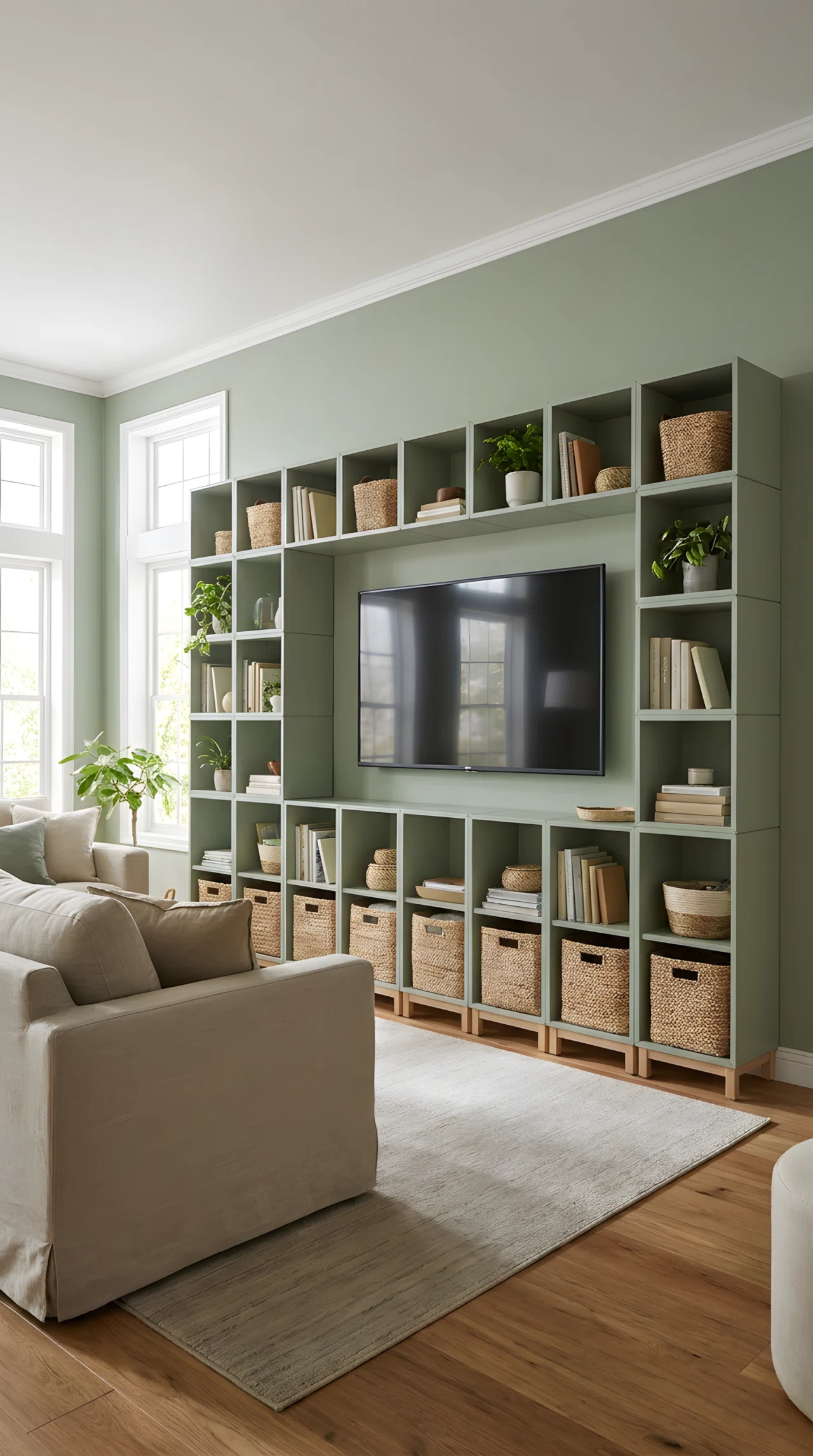 Wide-angle real-life photograph of a living room with a modular shelving unit built from stacked cube storage furniture, painted a soft sage green (RGB 156,175,150) to match the surrounding wall, a flatscreen TV mounted centrally above the units, thin white trim added around the top edge for a built-in look, dramatic wide camera angle capturing the full assembled wall, styled with baskets in some cubbies and books in others, bright natural daylight, no people in the frame, vibrant true-to-life color rendering, realistic stock photography style, not a 3D render.
