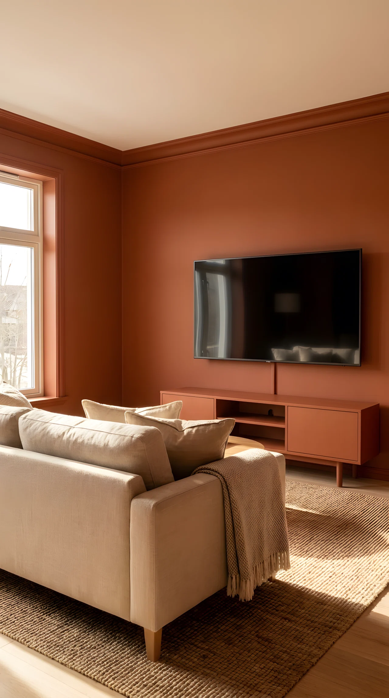 Wide-angle real-life photograph of a living room fully color-drenched in a deep terracotta tone (RGB 168,84,54) covering the wall, trim, and a matching low media console, a flatscreen TV mounted centrally blending into the saturated backdrop, dramatic wide camera angle capturing the full monochrome color wall alongside a neutral sofa in the foreground, warm natural daylight from a side window enhancing the richness of the color, no people in the frame, vibrant true-to-life color saturation, realistic stock photography style, not a 3D render.