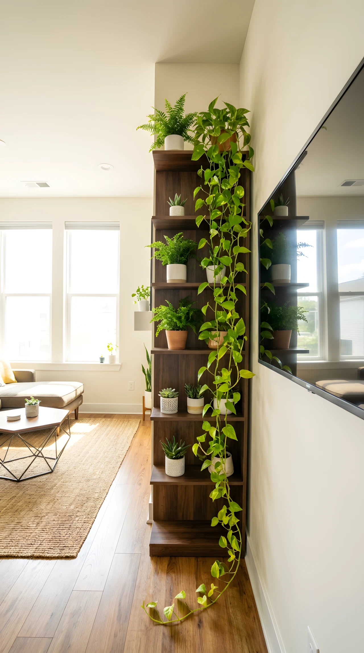Wide-angle real-life photograph of a modern living room, a narrow vertical wood shelf running floor to ceiling on one side of a mounted flatscreen TV, filled with an arrangement of small potted plants and one trailing vine plant cascading down, dramatic wide camera angle capturing the full height of the plant shelf against the plain wall and TV, bright natural daylight streaming in to highlight the greenery, no people in the frame, vibrant true-to-life green tones, realistic stock photography style, not a 3D render.