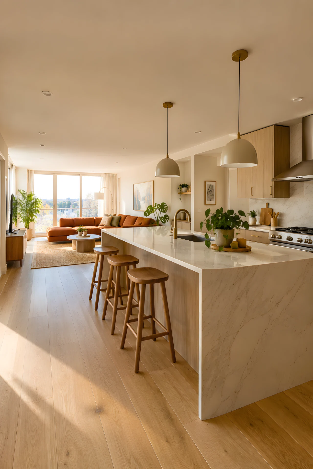 Wide-angle real-life photograph of an open-concept kitchen flowing directly into a living area, low island with a waterfall-edge countertop replacing upper cabinets, matching light oak flooring connecting both zones, a terracotta sofa visible in the background, large windows filling the space with soft daylight from the left, a few vibrant green potted plants on the counter, dramatic wide camera perspective showing the full room, shot in realistic stock-photography style, no people in frame.