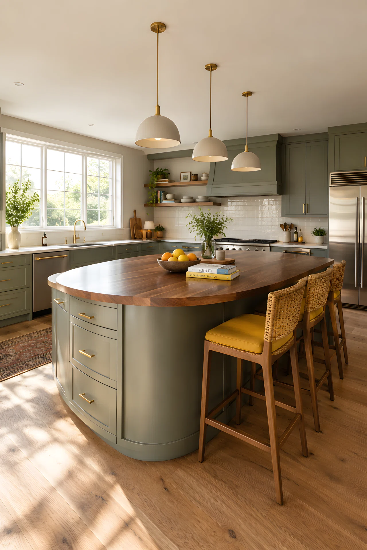 Wide-angle real-life photograph of a curved kitchen island with a warm walnut wood countertop, built-in storage drawers on one side and three woven counter stools on the other, a small bowl of citrus fruit and a stack of cookbooks left on the surface, pendant lights hanging above, bright daylight streaming from a nearby window, vibrant mustard-yellow stool cushions, dramatic wide camera angle showing the full kitchen, realistic stock-photo style, no people.