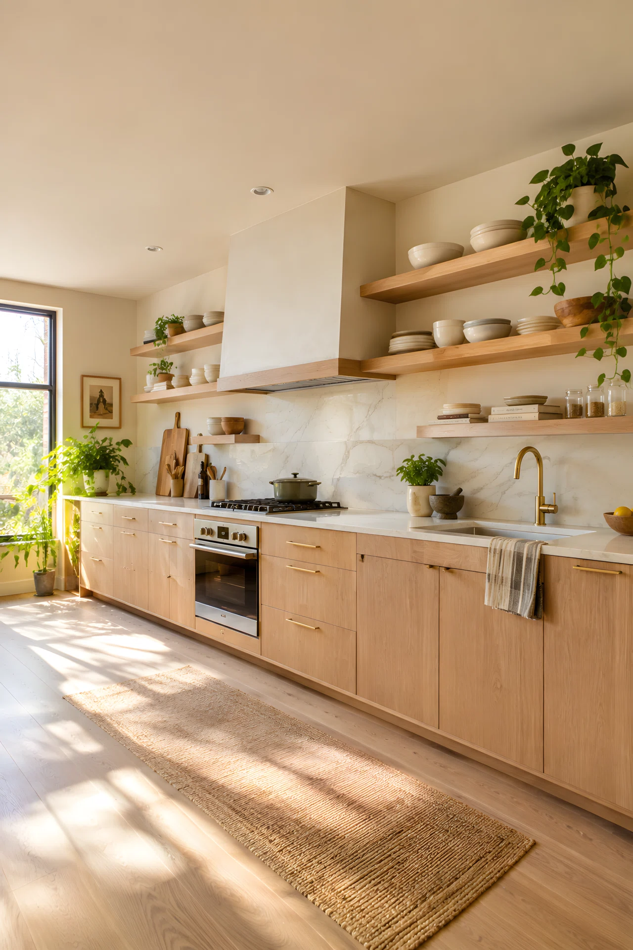 Wide-angle real-life photograph of a modern kitchen with light oak wood cabinets on the lower half and a honed white quartz countertop with subtle grey veining, open shelving displaying ceramic bowls and a small herb plant, natural light entering from a side window, warm and vibrant tones throughout, dramatic wide camera angle capturing the full kitchen wall, realistic stock-photography style, no people.