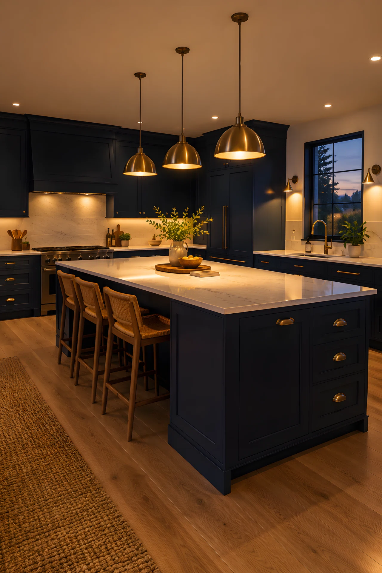Wide-angle real-life photograph of a modern kitchen at early evening, three pendant lights hung low directly above a kitchen island casting focused warm pools of light onto the countertop, thin under-cabinet LED strips angled downward eliminating shadows on the backsplash, a small wall sconce glowing softly beside the sink at eye level, deep navy cabinetry (RGB 26, 42, 74) contrasted with warm brass fixtures, dramatic wide camera angle showing the layered light sources across the whole room, realistic stock-photography style, no people.