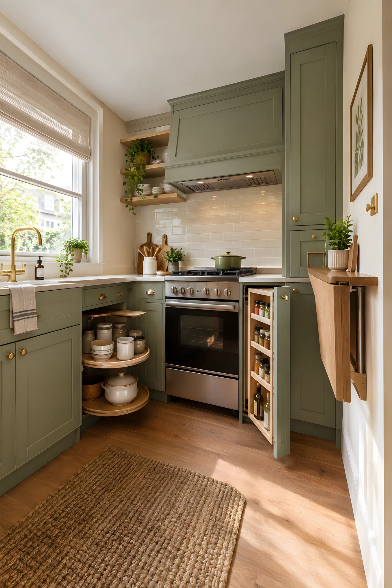 Wide-angle real-life photograph of a small modern kitchen corner featuring a pull-out carousel shelf stocked with neatly stacked ceramic containers, a slim vertical pull-out spice divider beside the stove, a folded counter extension tucked against the wall, warm daylight entering from a nearby window, vibrant sage-green cabinet fronts (RGB 156, 175, 136), dramatic wide camera angle capturing the full compact kitchen layout, realistic stock-photography style, no people.