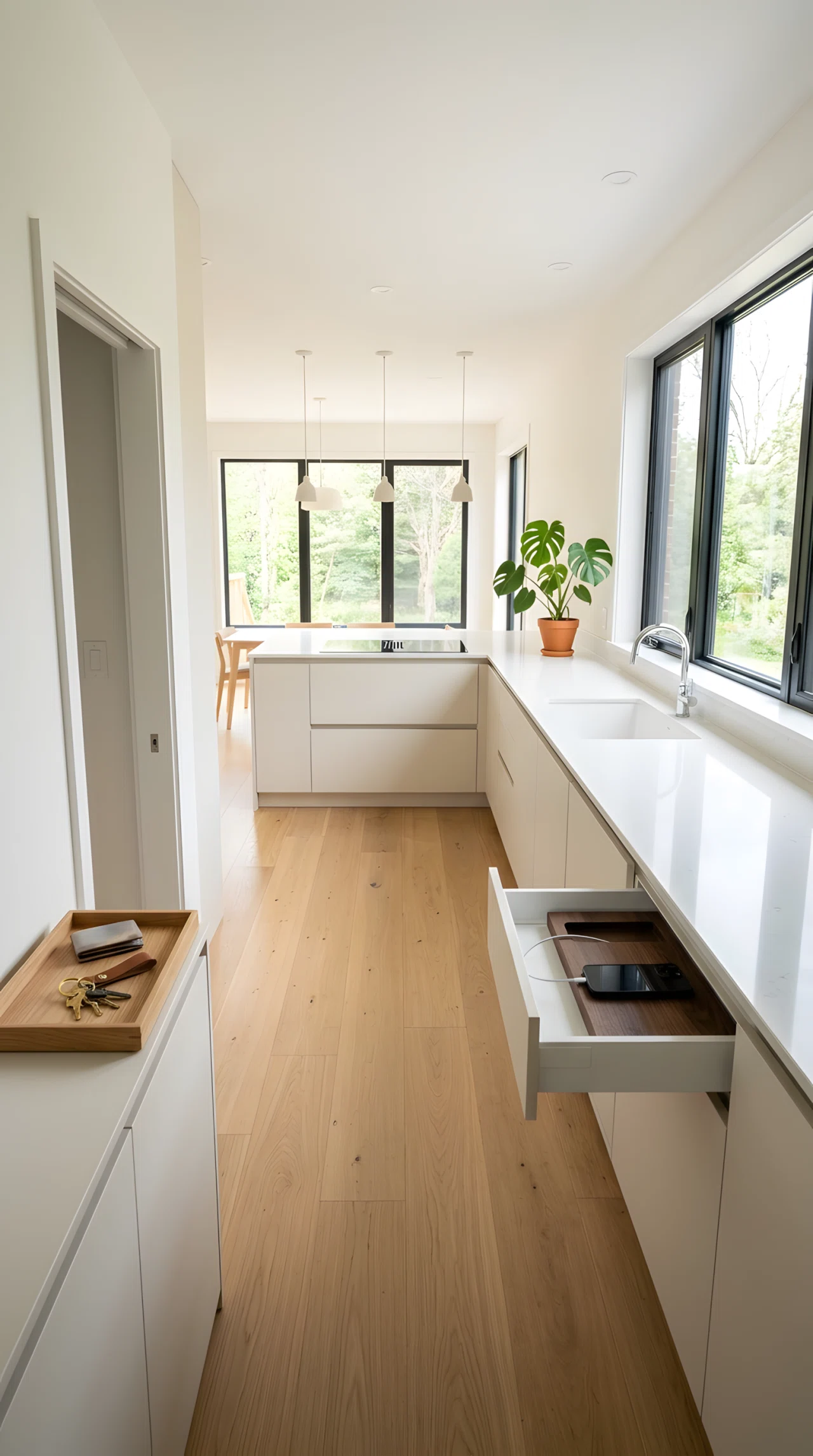 Wide-angle real-life photograph of a minimalist modern kitchen with completely clear countertops, a small wooden entry tray holding keys near the doorway, a closed drawer slightly open revealing a hidden phone charging dock, soft off-white cabinetry, bright natural light filling the room from large windows, vibrant single potted plant as the only accent, dramatic wide camera angle capturing the whole uncluttered space, realistic stock-photography style, no people.