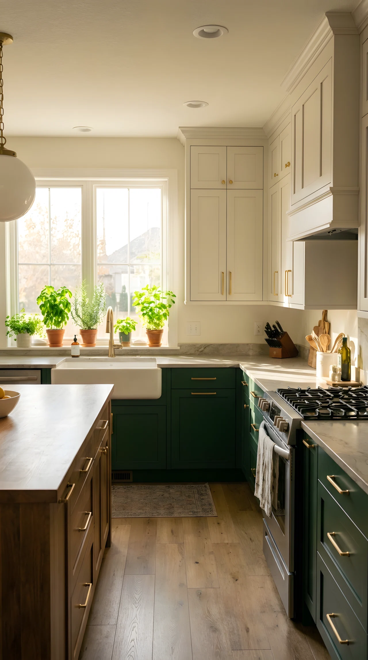 Wide-angle real-life photograph of a modern kitchen with deep forest-green lower cabinets (RGB 34, 68, 51) and soft alabaster upper cabinets (RGB 237, 231, 220), brushed gold cabinet hardware, warm daylight entering from a window above the sink, vibrant potted herbs on the windowsill, dramatic wide camera angle showing the full contrast between upper and lower cabinetry, realistic stock-photography style, no people.