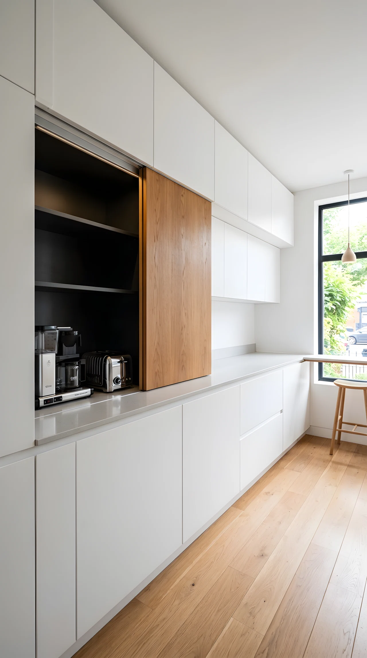 Wide-angle real-life photograph of a modern kitchen with one sliding wood panel partially open revealing a hidden appliance nook with a coffee maker and toaster neatly arranged and plugged in, the rest of the countertop completely bare, matte white cabinetry, bright natural light from a nearby window, vibrant copper kettle as an accent piece, dramatic wide camera angle capturing the full cabinetry wall, realistic stock-photography style, no people.