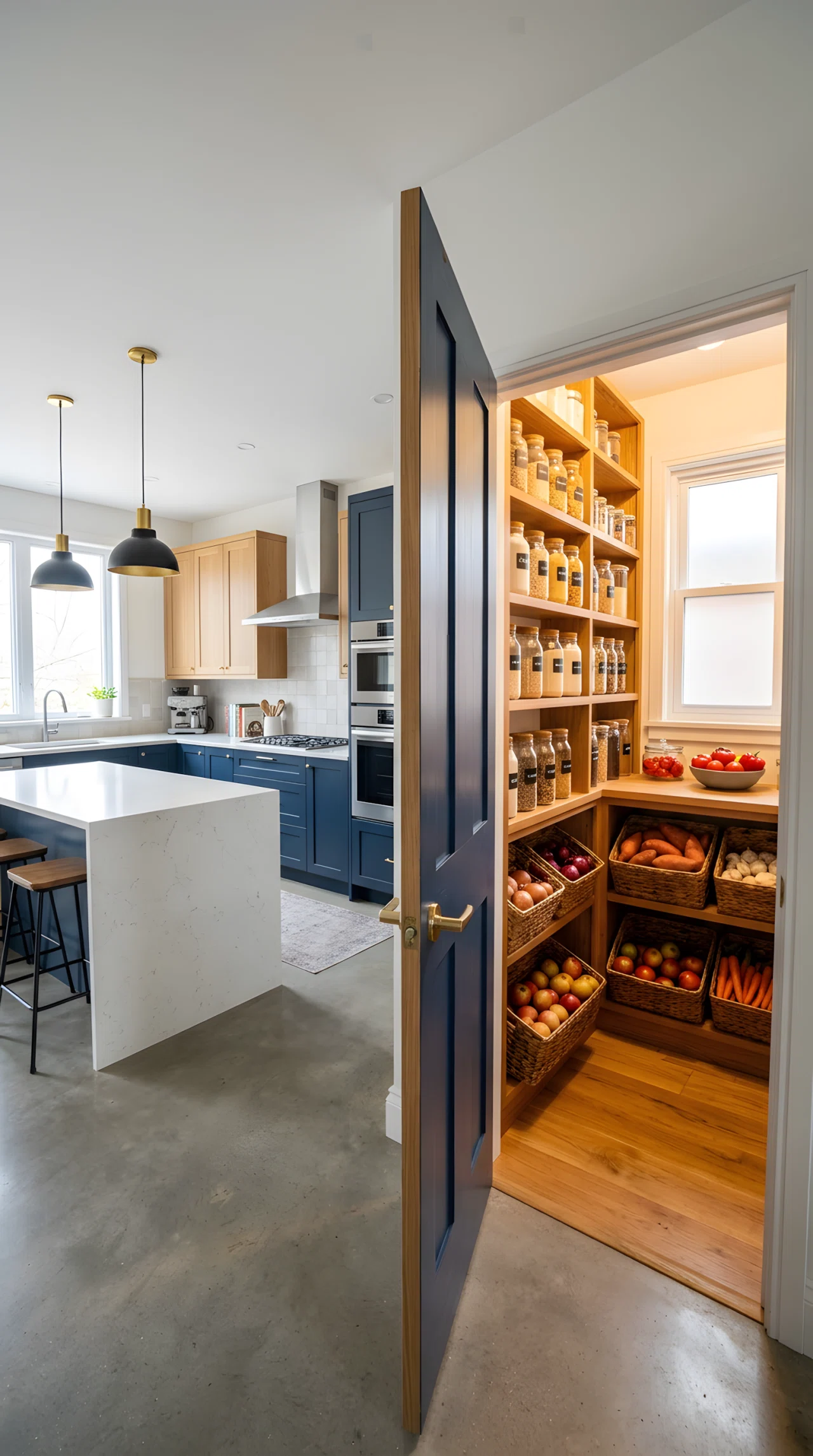 Wide-angle real-life photograph of a modern kitchen with one door left slightly ajar revealing a walk-in pantry lined with open wood shelves, clear glass containers labeled and neatly arranged, baskets holding produce, warm daylight spilling in from the pantry's small window, vibrant orange and red produce as color accents, dramatic wide camera angle showing both the main kitchen and the pantry beyond, realistic stock-photography style, no people.