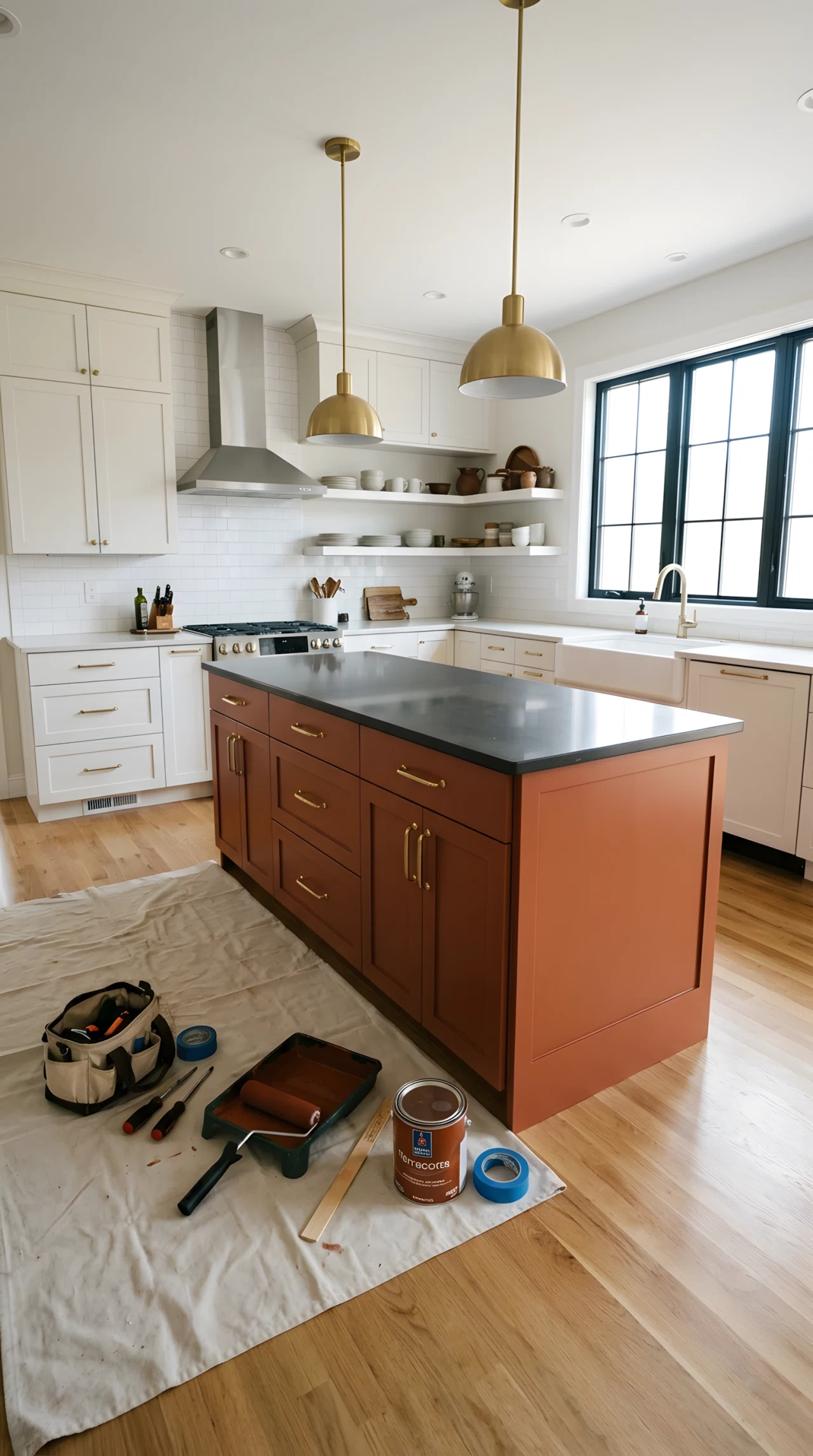 Wide-angle real-life photograph of a modern kitchen mid-refresh, one island freshly painted in deep terracotta (RGB 178, 90, 62) while surrounding cabinets remain neutral white, new brushed brass cabinet pulls installed and gleaming, a small toolkit and paint roller resting neatly on a drop cloth nearby, bright natural light from a window, dramatic wide camera angle showing the full contrast between old and updated sections, realistic stock-photography style, no people.