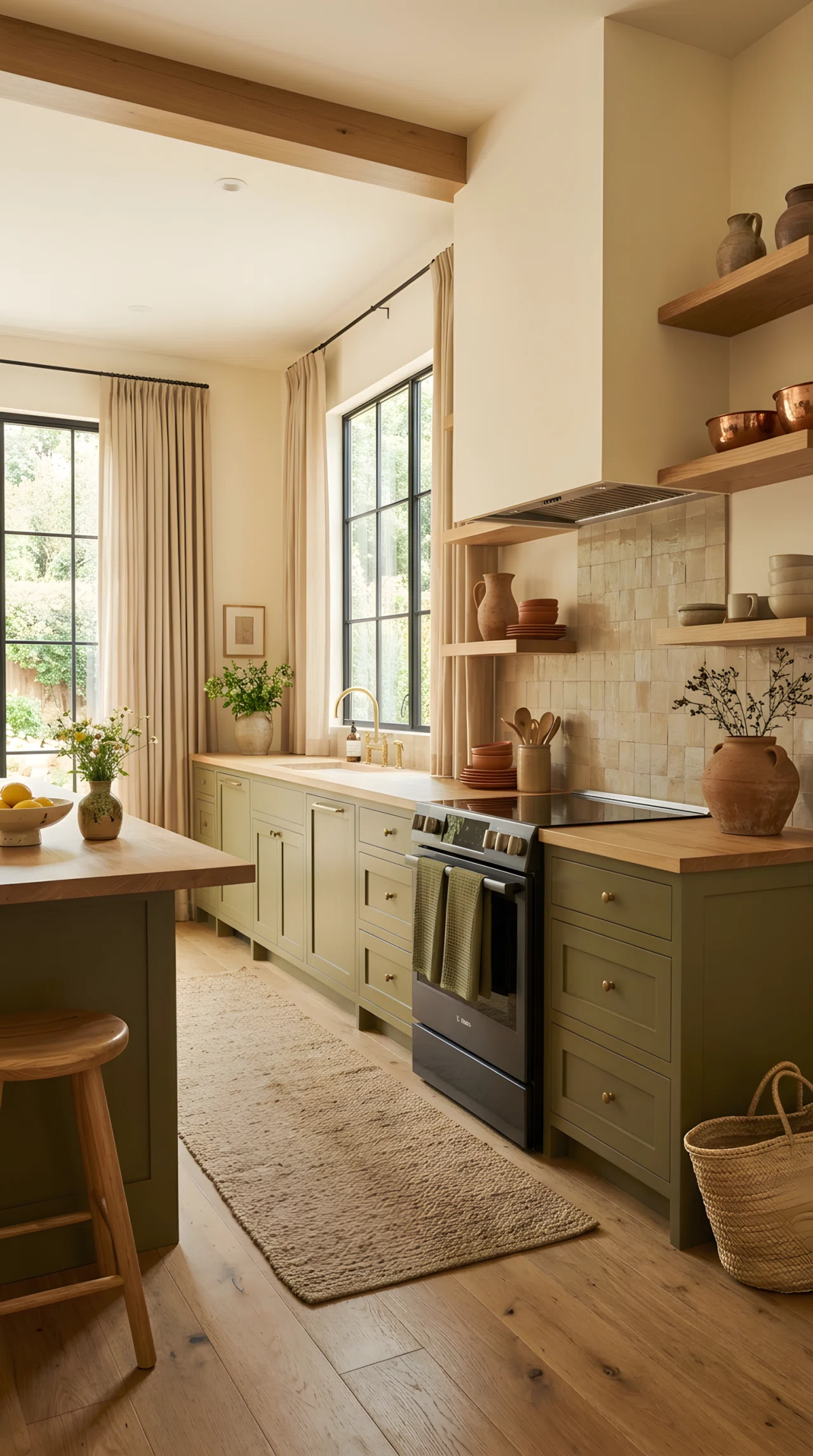 Wide-angle real-life photograph of a modern kitchen styled in an earthy color palette, olive-green woven kitchen towels draped over the oven handle, a clay-toned ceramic pitcher and matching bowls on open shelving, sand-colored linen curtains framing a window, warm natural light filling the space, dramatic wide camera angle capturing the full earthy color story across the room, realistic stock-photography style, no people.
