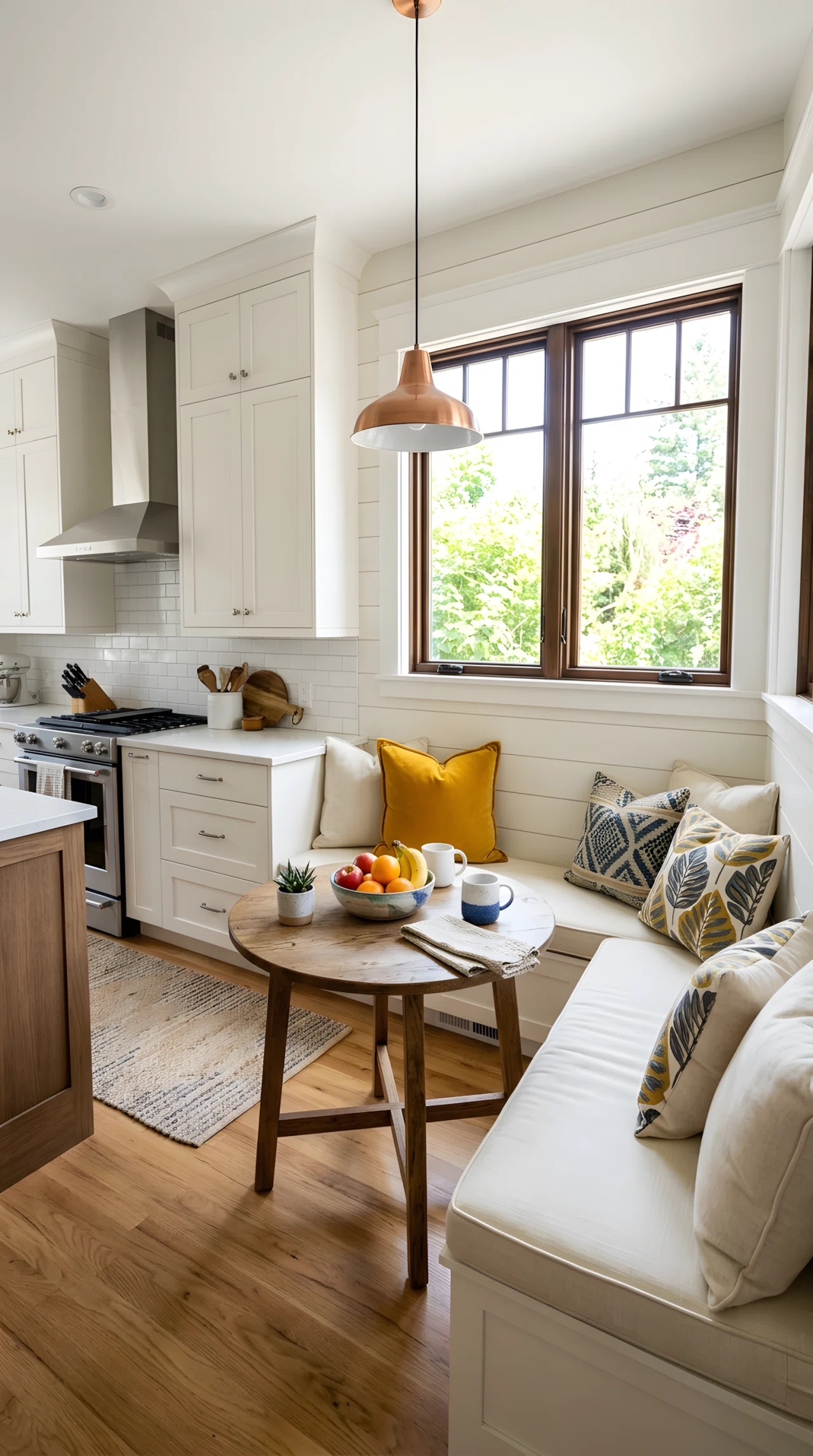 Wide-angle real-life photograph of a modern kitchen with a built-in corner banquette seating nook, cream cushions and two patterned throw pillows, a small round wood table set with a ceramic fruit bowl, a window above the seating letting in bright daylight, vibrant mustard-yellow accent pillow, dramatic wide camera angle showing the full nook within the kitchen, realistic stock-photography style, no people.