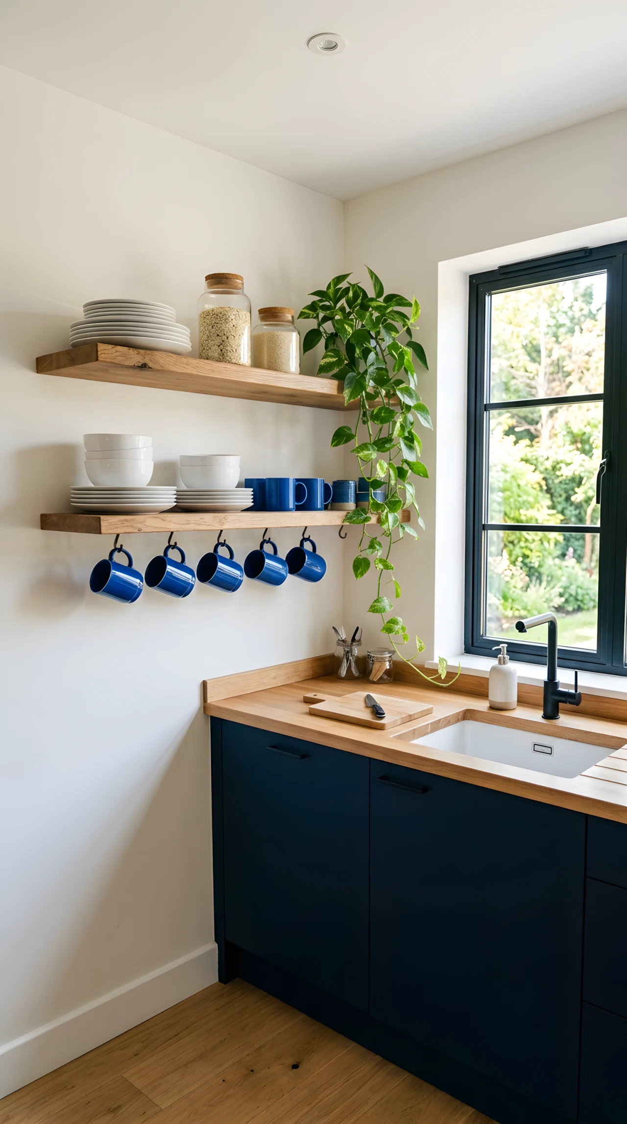Wide-angle real-life photograph of a small modern kitchen with two floating wood open shelves replacing upper cabinets, neatly stacked white ceramic plates and a few glass jars grouped by height, a single trailing plant on the top shelf, bright natural light from a nearby window, vibrant blue ceramic mugs as an accent color, dramatic wide camera angle capturing the full open-shelf wall, realistic stock-photography style, no people.