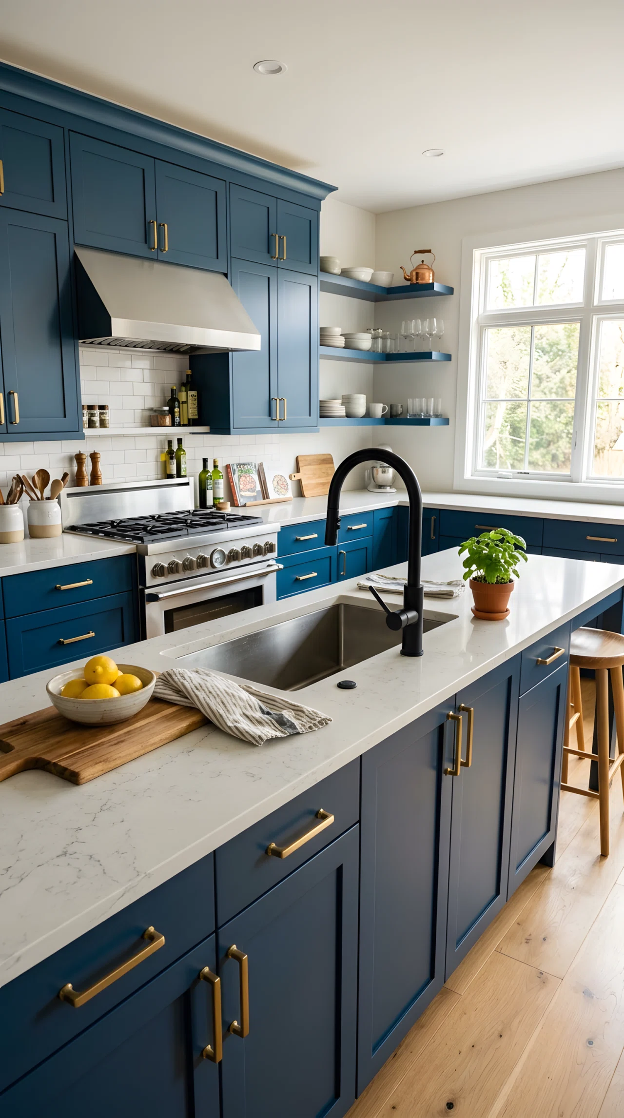 Wide-angle real-life photograph of a modern kitchen featuring a matte black faucet as the dominant fixture, brushed brass cabinet pulls repeated across drawers, and a stainless steel range in the background, warm natural light entering from a side window, vibrant deep-blue cabinetry (RGB 30, 58, 95) as a backdrop, dramatic wide camera angle showing the full mix of metal finishes across the kitchen, realistic stock-photography style, no people.