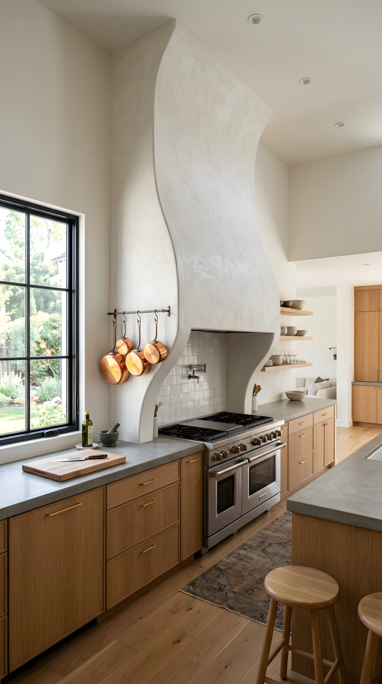 Wide-angle real-life photograph of a modern kitchen with a sculptural plaster-finish range hood in a soft warm white curving above a professional range, simple flat-panel cabinets flanking either side, natural light entering from a side window highlighting the hood's texture, vibrant copper pots hanging nearby as an accent, dramatic wide camera angle capturing the full vertical height of the hood, realistic stock-photography style, no people.