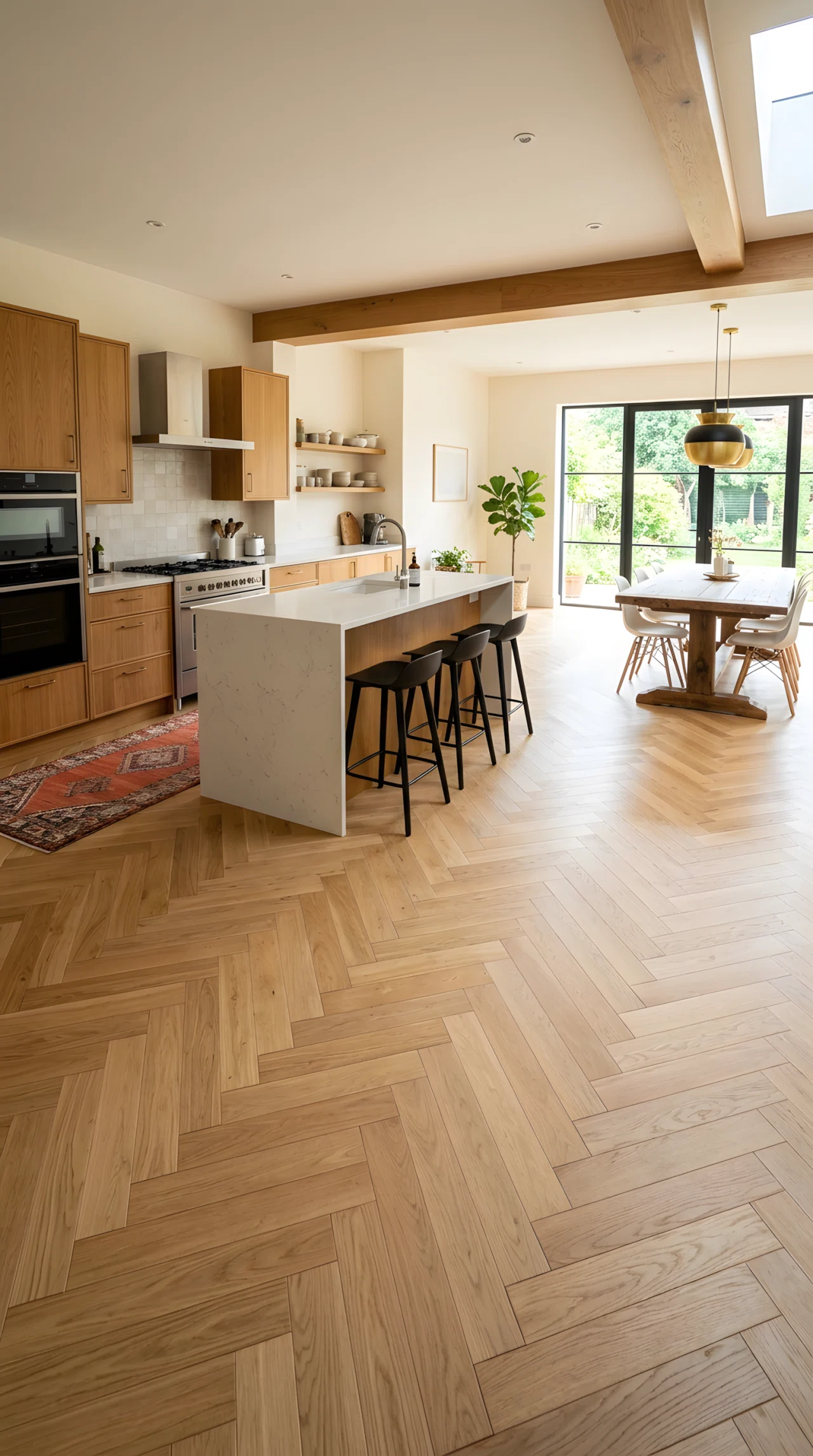 Wide-angle real-life photograph of a modern kitchen with herringbone-patterned light oak wood flooring extending into an adjoining dining area, minimal grout lines, warm cabinetry above, bright natural daylight streaming across the floor pattern, vibrant terracotta rug partially visible under the island, dramatic wide camera angle capturing the flooring pattern across the full room, realistic stock-photography style, no people.