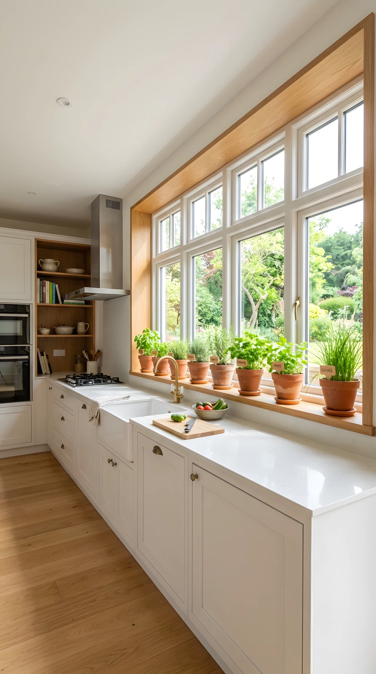 Wide-angle real-life photograph of a modern kitchen with a built-in wood ledge along the window frame holding several small terracotta pots of fresh herbs, bright natural light pouring through the window, matte white cabinetry below, vibrant green herb foliage as the focal color accent, dramatic wide camera angle showing the full window wall and surrounding counter, realistic stock-photography style, no people.