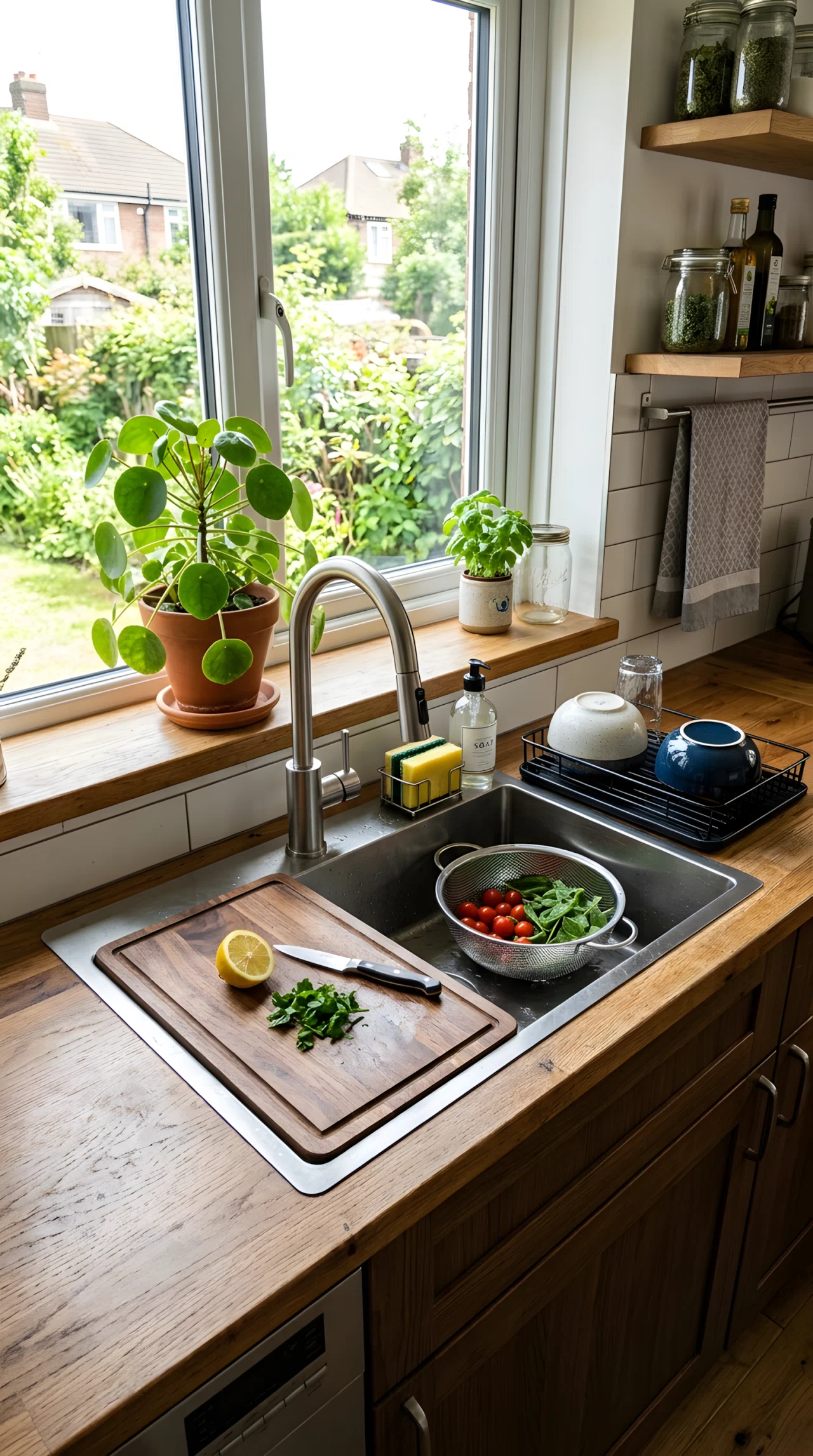 Wide-angle real-life photograph of a modern kitchen sink workstation featuring a deep stainless steel sink with a fitted wood cutting board resting across one end and a stainless colander tucked to the side, a small drying rack with two ceramic bowls neatly placed, bright natural light from a window above the sink, vibrant green potted plant on the windowsill, dramatic wide camera angle capturing the full sink and surrounding counter, realistic stock-photography style, no people.