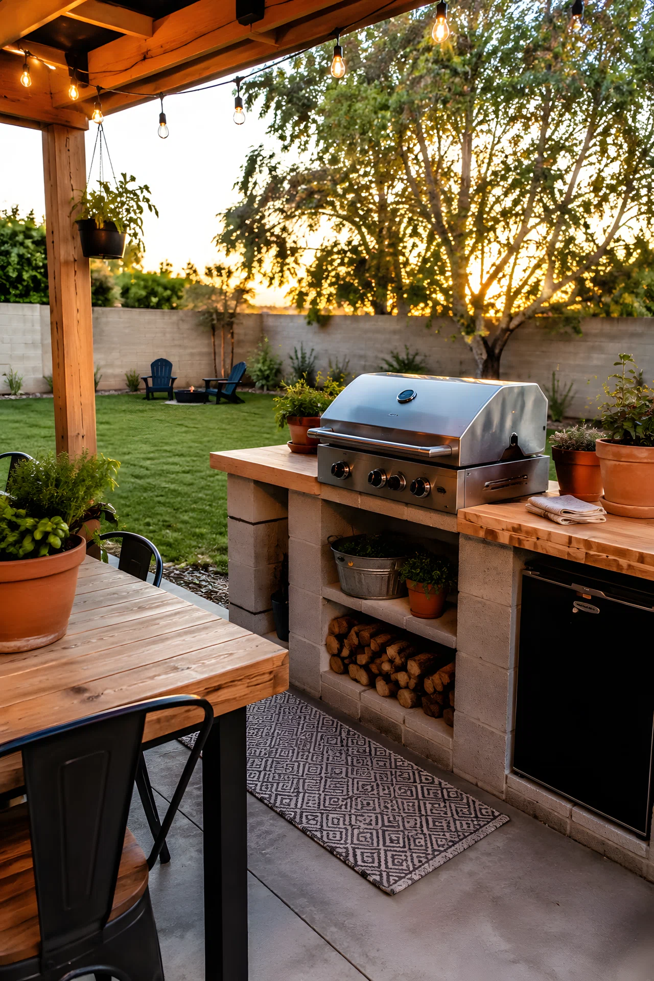 Wide-angle photograph of a backyard patio at golden hour, a DIY cinder block grill island with a butcher-block countertop holds a stainless steel portable grill, terracotta pots and a stack of folded napkins nearby, green lawn and string lights in the background, vibrant saturated colors, shot on a wide lens showing the whole patio corner, realistic stock-photo style, candid backyard barbecue atmosphere.