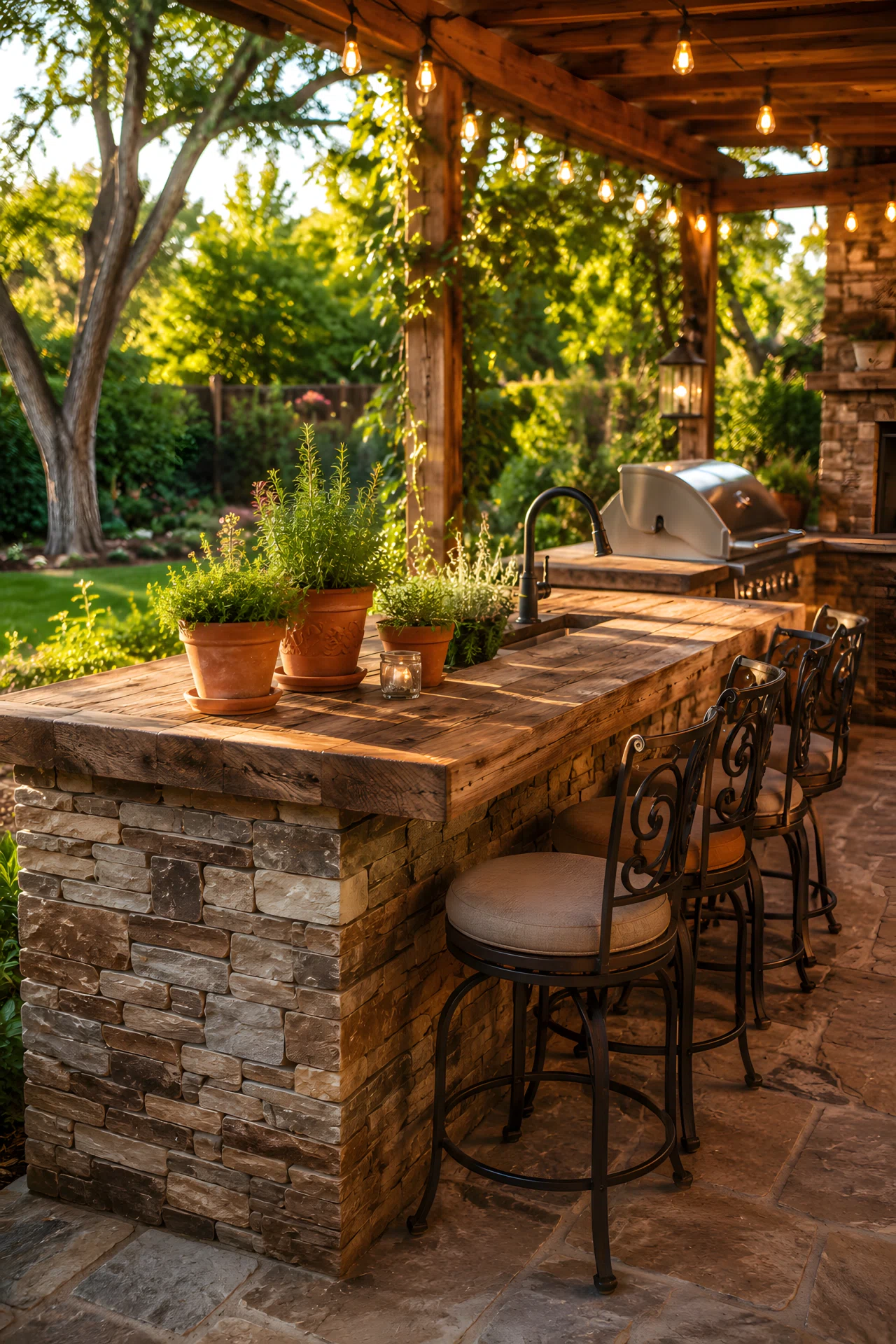 Wide-angle photograph of a rustic backyard bar built from stacked natural stone veneer, topped with a thick reclaimed wood counter, wrought iron bar stools tucked underneath, terracotta herb pots and a string of warm bulb lights overhead, lush green garden in the background, vibrant natural colors, golden late-afternoon sunlight, realistic photography, wide shot showing the full outdoor kitchen corner.