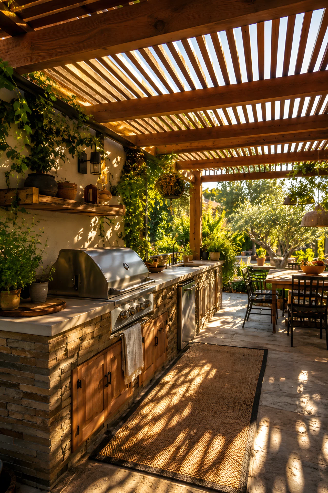 Wide-angle photograph of an outdoor kitchen under a slatted wood pergola, dappled sunlight streaming through the angled slats and casting soft moving stripes of light across the stone countertop and grill area, warm late-afternoon glow, the cooking zone shaded while the dining area beyond catches brighter light, vibrant natural colors, lush greenery framing the space, realistic wide-lens photography capturing the whole covered structure.