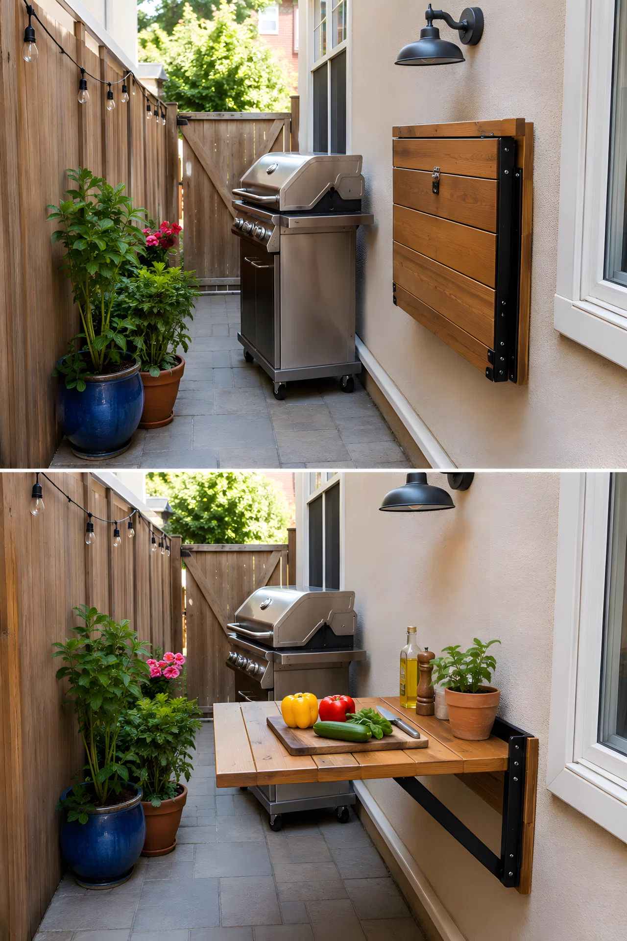 Wide-angle photograph of a narrow backyard patio with a fold-down wooden prep table mounted on an exterior wall next to a small stainless steel grill, table shown both folded flat and extended with fresh vegetables and a cutting board on top, potted plants along the fence, bright vibrant colors, natural daylight, realistic stock-photo style showing the full width of the compact space.