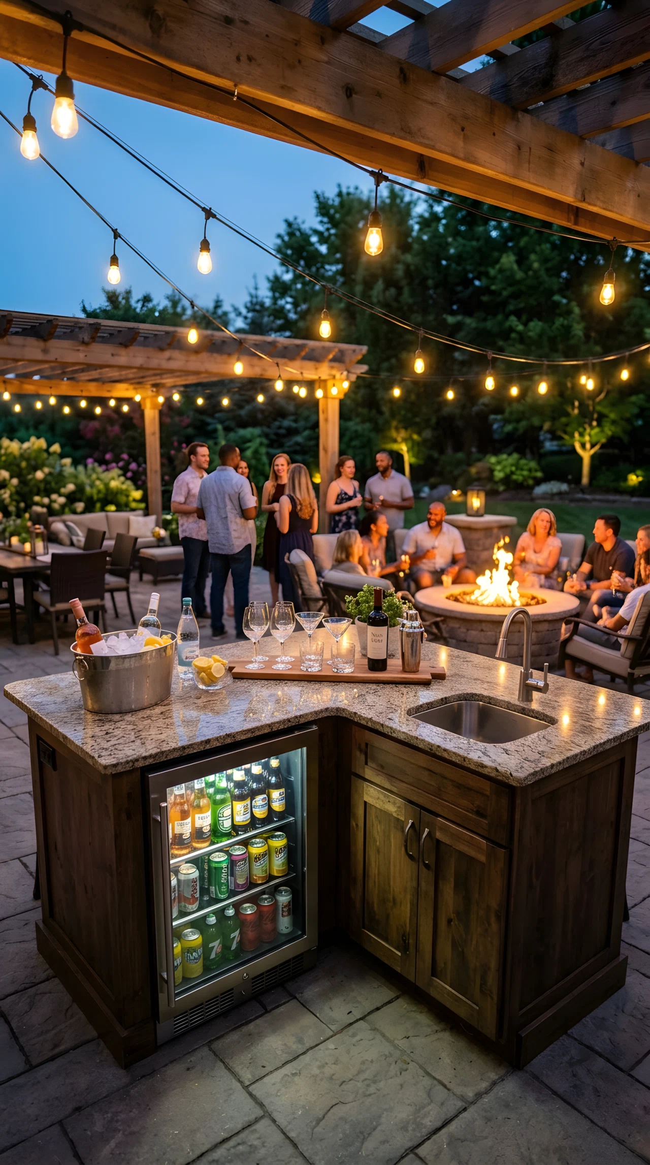 Wide-angle photograph of an outdoor kitchen island featuring a built-in stainless steel under-counter beverage fridge stocked with drinks, a small sink beside it, ice bucket and glassware on the countertop, guests visible in the softly blurred background mingling near a fire pit, vibrant warm evening lighting with string lights overhead, realistic wide-lens photography capturing the full entertaining setup.