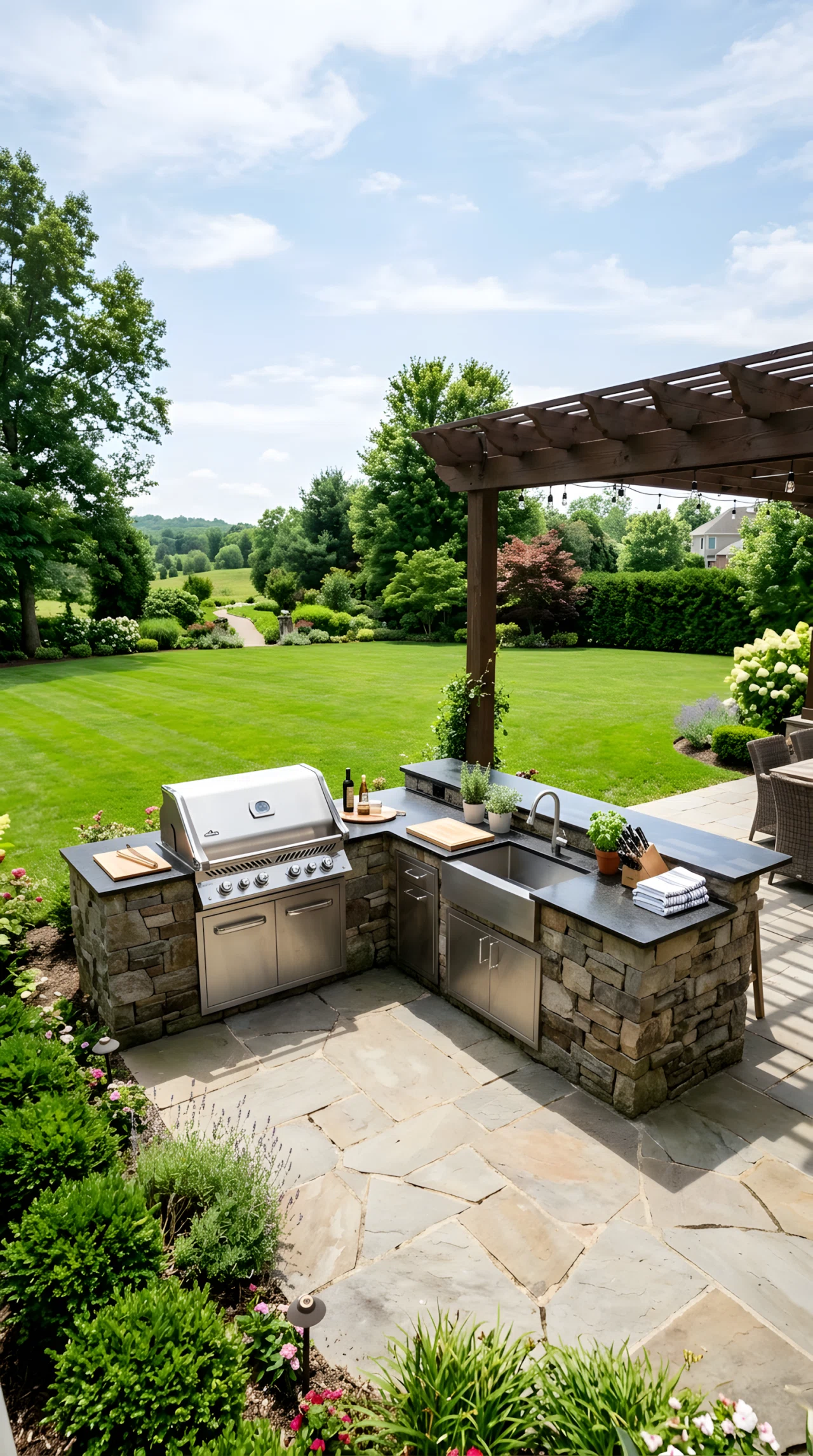 Wide-angle photograph of an L-shaped outdoor kitchen built into the corner of a stone patio, a built-in grill on one arm and a sink with prep counter on the perpendicular arm, two people cooking side by side, open green lawn stretching beyond the patio, vibrant natural colors, bright daylight, realistic wide-lens stock photography showing the full corner layout and the open yard behind it.