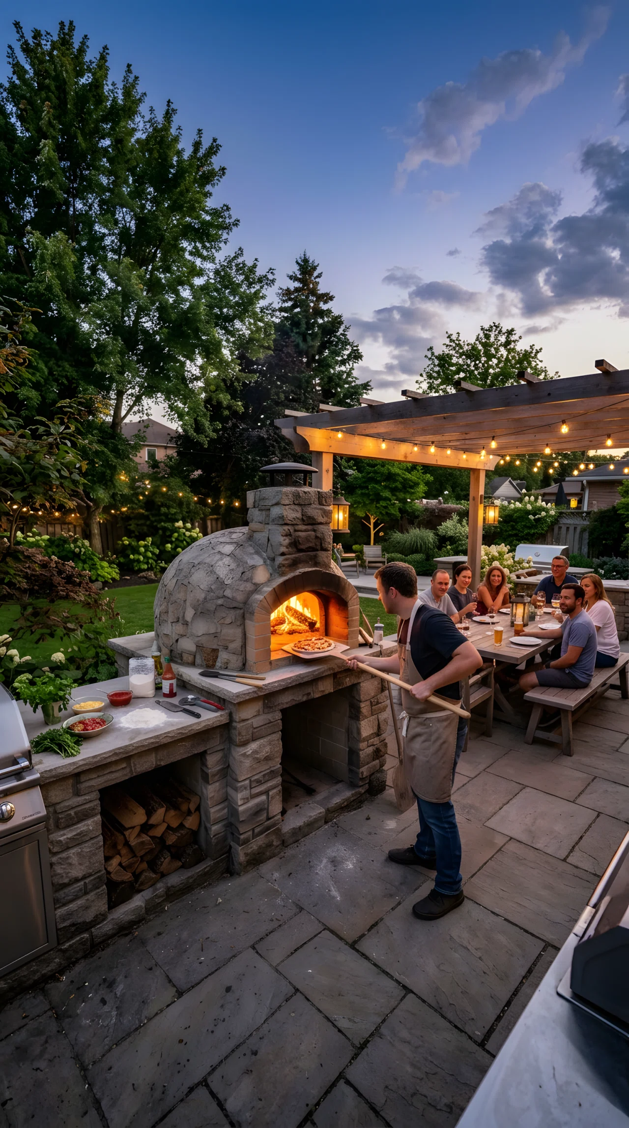 Wide-angle photograph of a backyard with a freestanding stone wood-fired pizza oven set on its own stand beside an outdoor kitchen island, glowing embers and flames visible inside the oven, a chef sliding a pizza in on a wooden peel, guests seated nearby watching, vibrant warm firelight against a dusky evening sky, realistic wide-lens photography capturing the oven as the clear focal point.