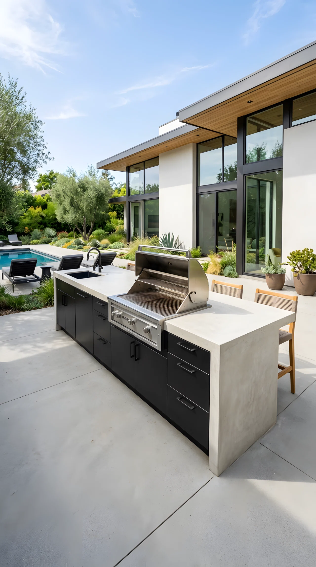 Wide-angle photograph of a sleek modern outdoor kitchen island with a pale polished concrete waterfall-edge countertop flowing down one side, matte black stainless steel cabinet fronts, built-in grill flush with the counter, minimalist house with clean lines in the background, vibrant crisp colors, bright daylight, realistic wide-lens photography showing the full linear silhouette of the island.