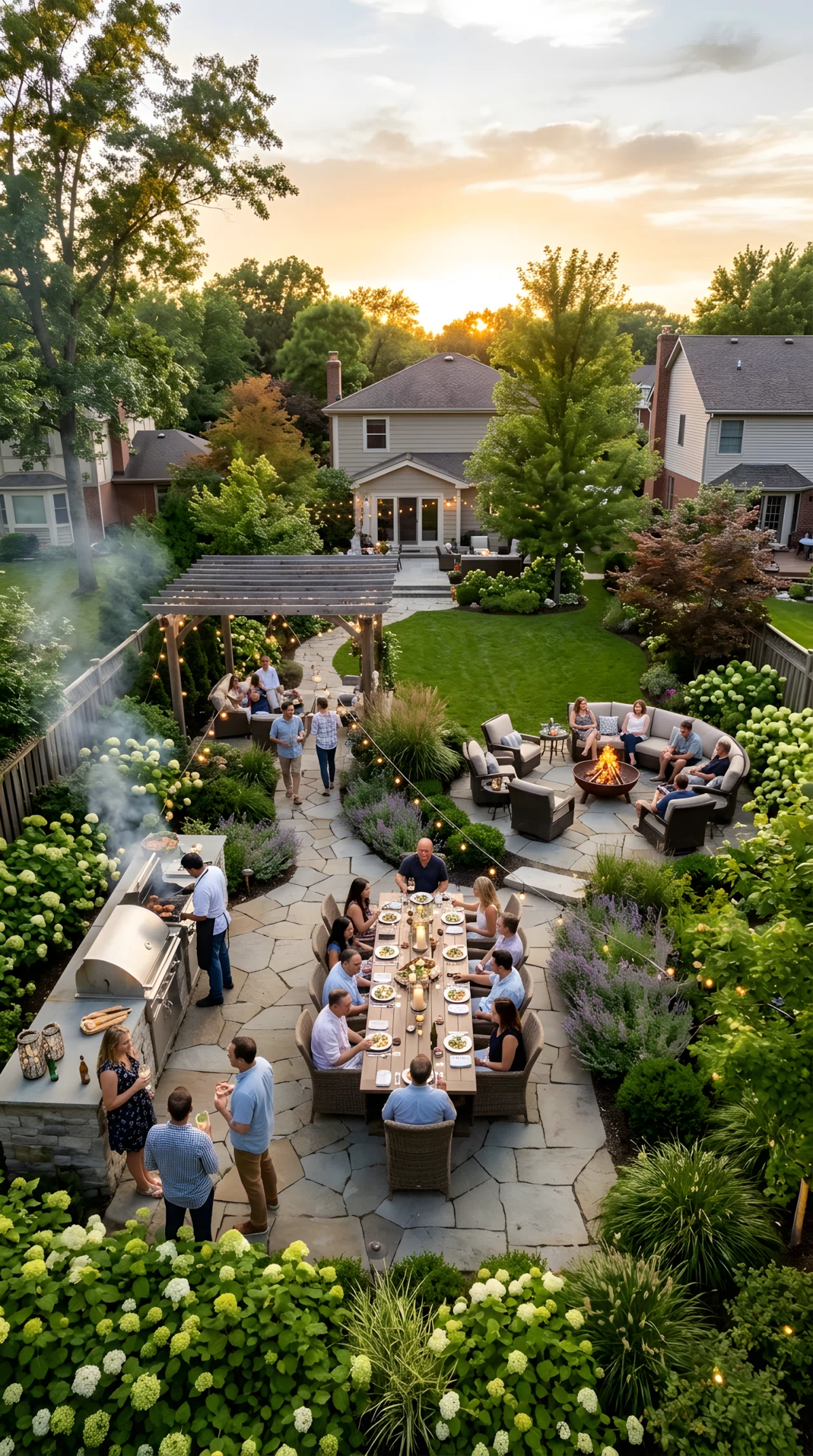Wide-angle aerial-style photograph of a backyard divided into three connected zones, an outdoor kitchen counter with a grill on one side, a dining table with chairs in the middle, and a low-slung lounge seating circle with a fire pit further back, guests scattered naturally across all three areas, vibrant golden evening light, lush landscaping framing each zone, realistic wide-lens photography showing the full layout of the yard.
